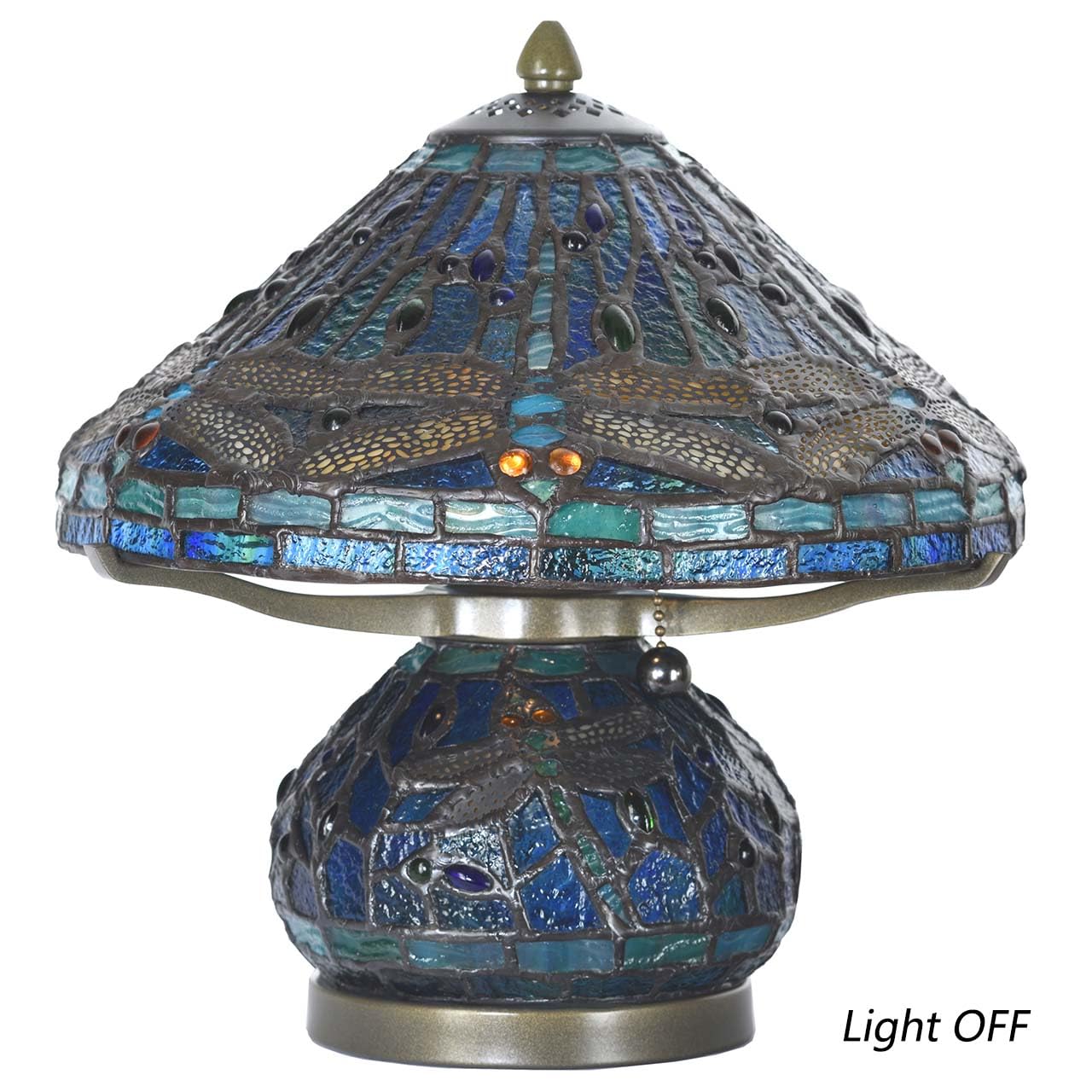 Bieye L10906 Tiffany Style Stained Glass Mushroom-Shaped Double Lit Table Lamp for Home Decor (10-inch, Blue Dragonfly)