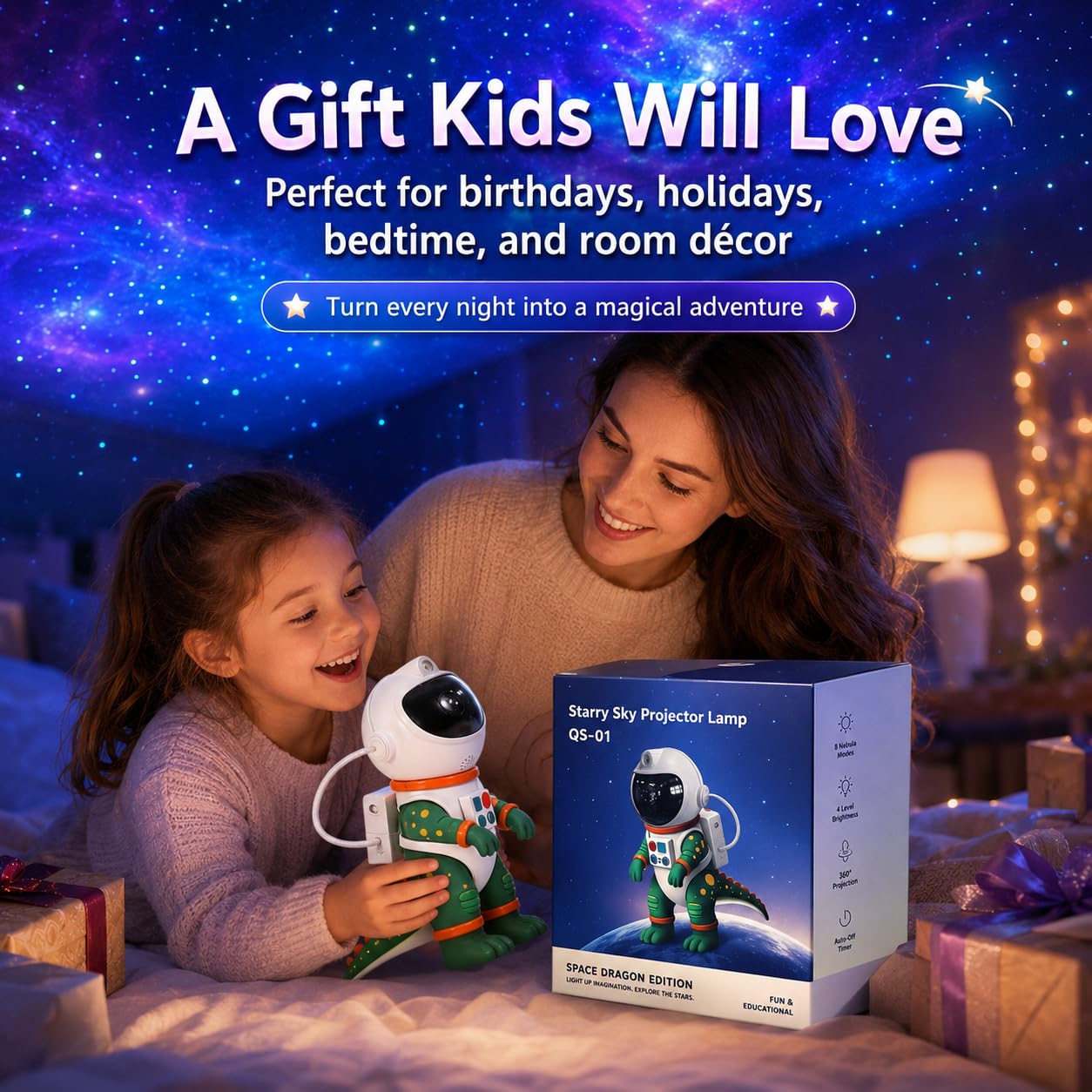 Galaxy Star Projection Night Light, Dinosaur Astronaut Space Projector with Timer, Remote Control, 8 Lighting Modes, Green Nebula Effects for Kids Room Ceiling Decor(Green)