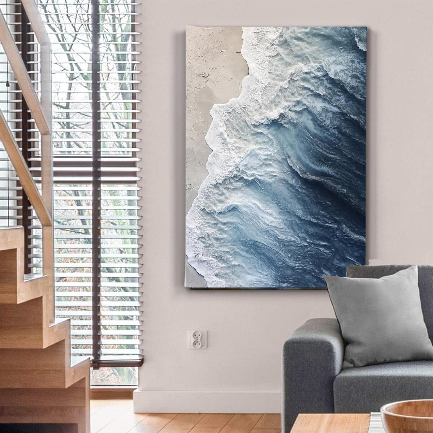 Navy Blue Beach Canvas Wall Art Coastal Abstract Beach Poster Sea Wave Picture Nature Ocean Wall Art Abstract Summer Coastal Posters Blue Landscape Picture Nature Sea Scene Painting (16x24inch Framed)