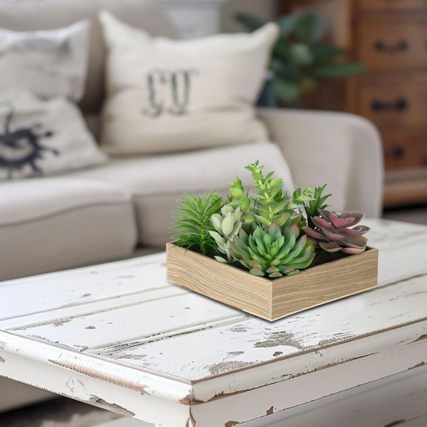Briful Artificial Succulent Wall Decor, 7.8"x7.8" Faux Succulent Plants in Rustic Wood Frame, Hanging or Tabletop Decor for Home and Office