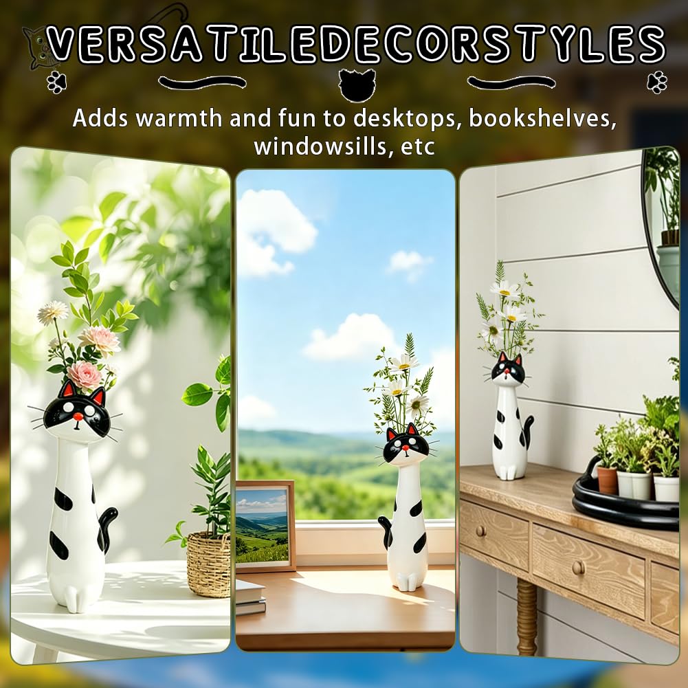 Handcrafted Quirky Cat Vase,Cute Cat Vase Resin Figurine,Small Kitty Planter Decorative Boho Desk Ornament Home Office Bookshelf Flower Pot for Cats Lovers (White)