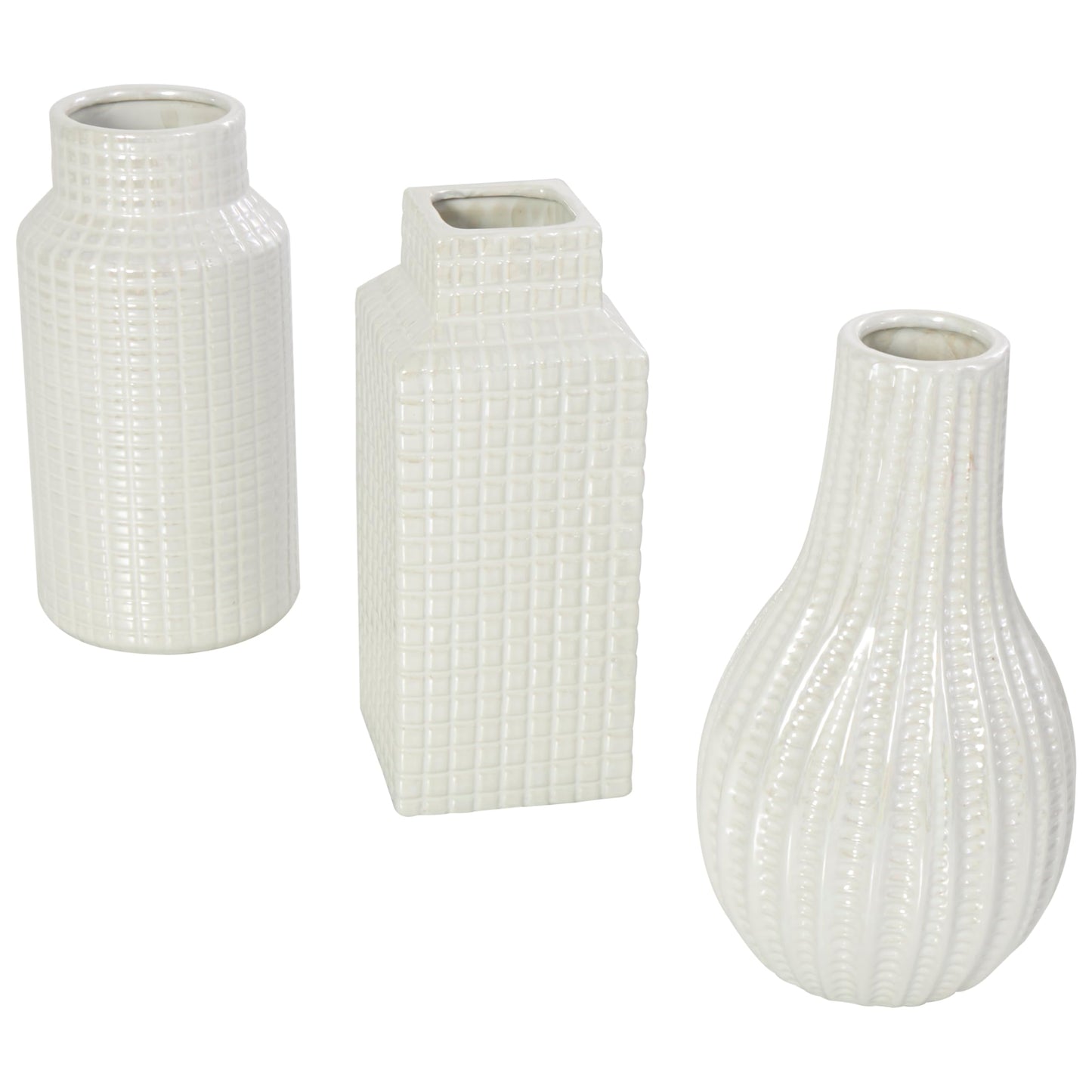 Deco 79 Ceramic Geometric Decorative Vase Dimensional Textured Centerpiece Vases with Varying Shapes and Grid Patterns, Set of 3 Flower Vases for Home Decoration 3" W, 8" H, Cream
