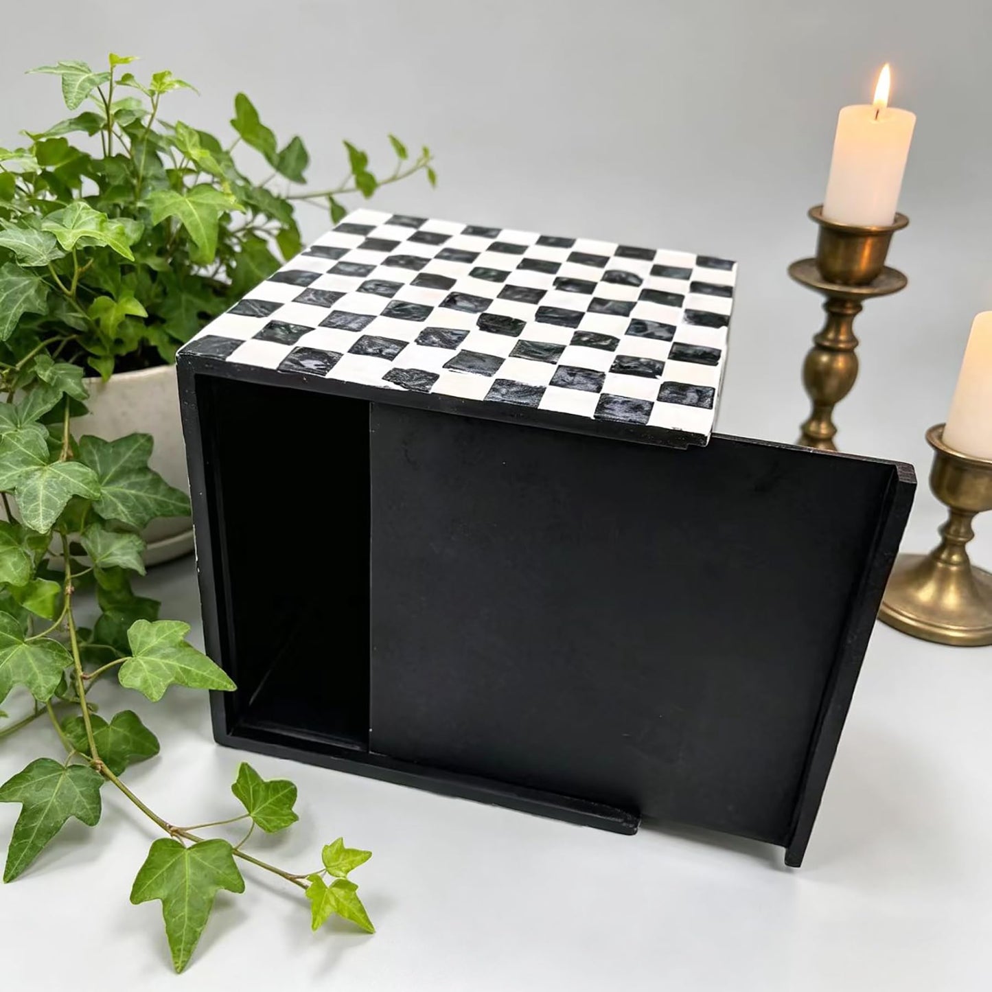 Chicapica 5.9" Square Mother of Pearl Tissue Box Cover – Black & White Checkered Decorative Cube – Handcrafted Mosaic Tissue Holder for Bathroom Vanity, Bedroom, and Home Office