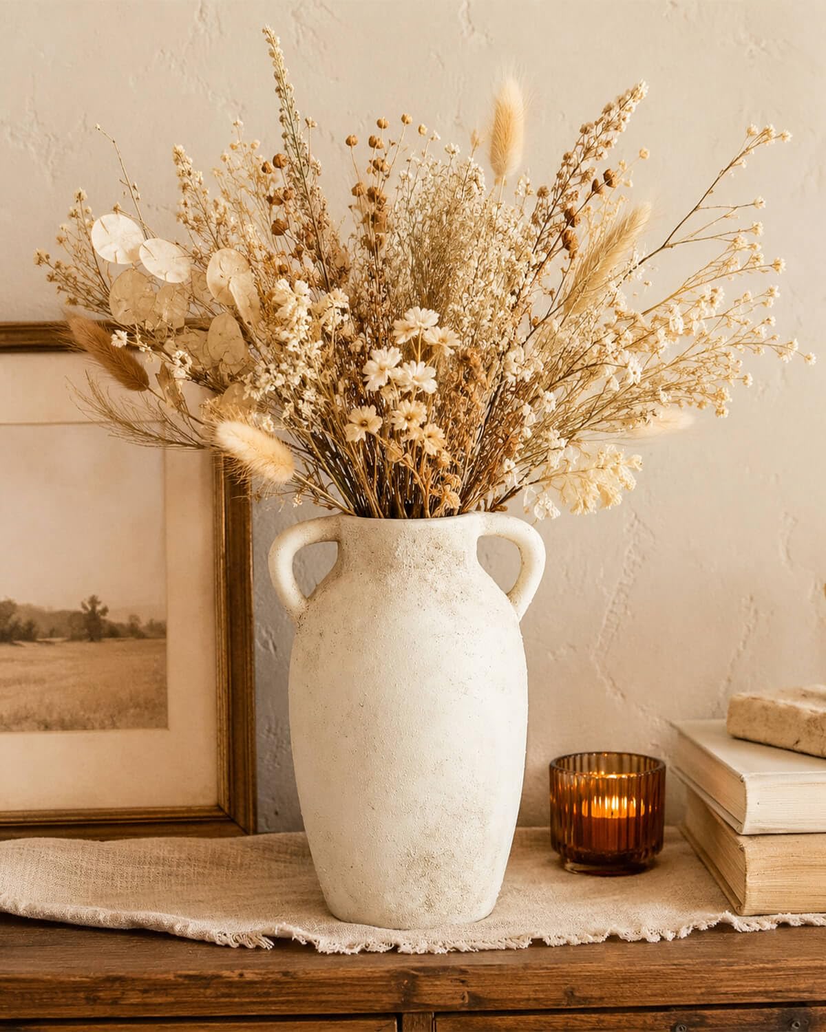 Ceramic Flower Vase Home Decor – 9.8 Inch Pottery Rustic Farmhouse Decorative Vase with Handles for Table Centerpiece, Shelf & Mantel, Beige