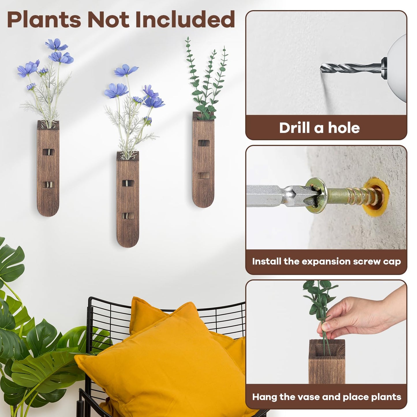 3 Pack Wood Planter Set, Boho Wall Decor for Living Room, Modern Farmhouse Entryway or Bathroom Decor, Wooden Vase Aesthetic Art for Wall Decorations