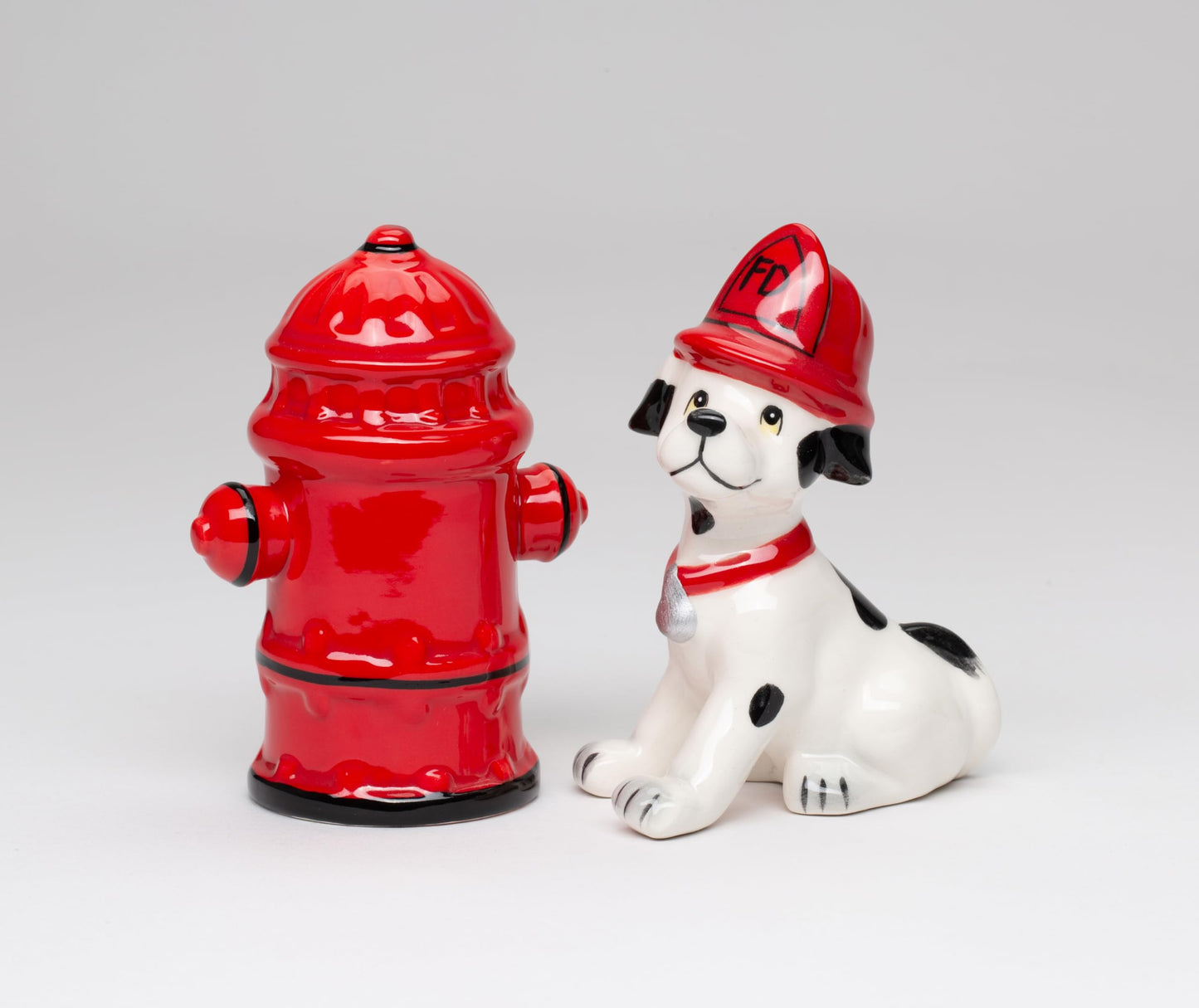 Cosmos Gifts 50158 Fine Ceramic Red Fire Hydrant and Dalmatian Firefighter Puppy Dog Salt and Pepper Shakers, 4" H