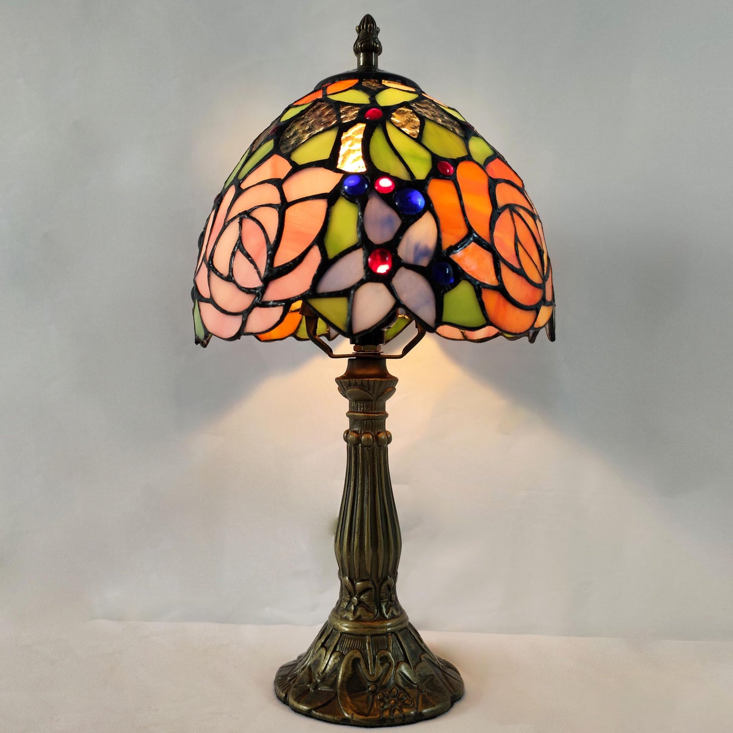 XPHMXP Small Tiffany Table Lamp 8 Inch Tiffany Style Desk Lamp Stained Glass Antique Light Decoration Bedroom Bedside Lamp Retro Reading Lamps (Yellow Pink Roses Style)