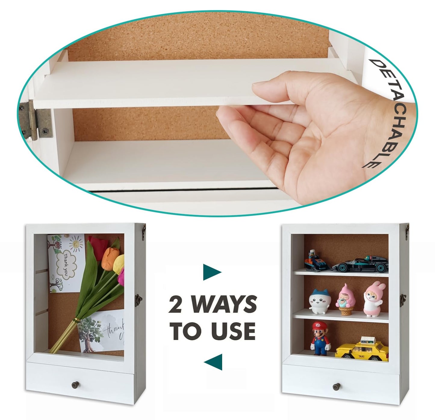 Shadow Box with Drawer & Hanging Hook – 3D Display Case for Photos, Awards, Medals & Keepsakes | Hidden Storage Organizer | Glass Front Frame (White)
