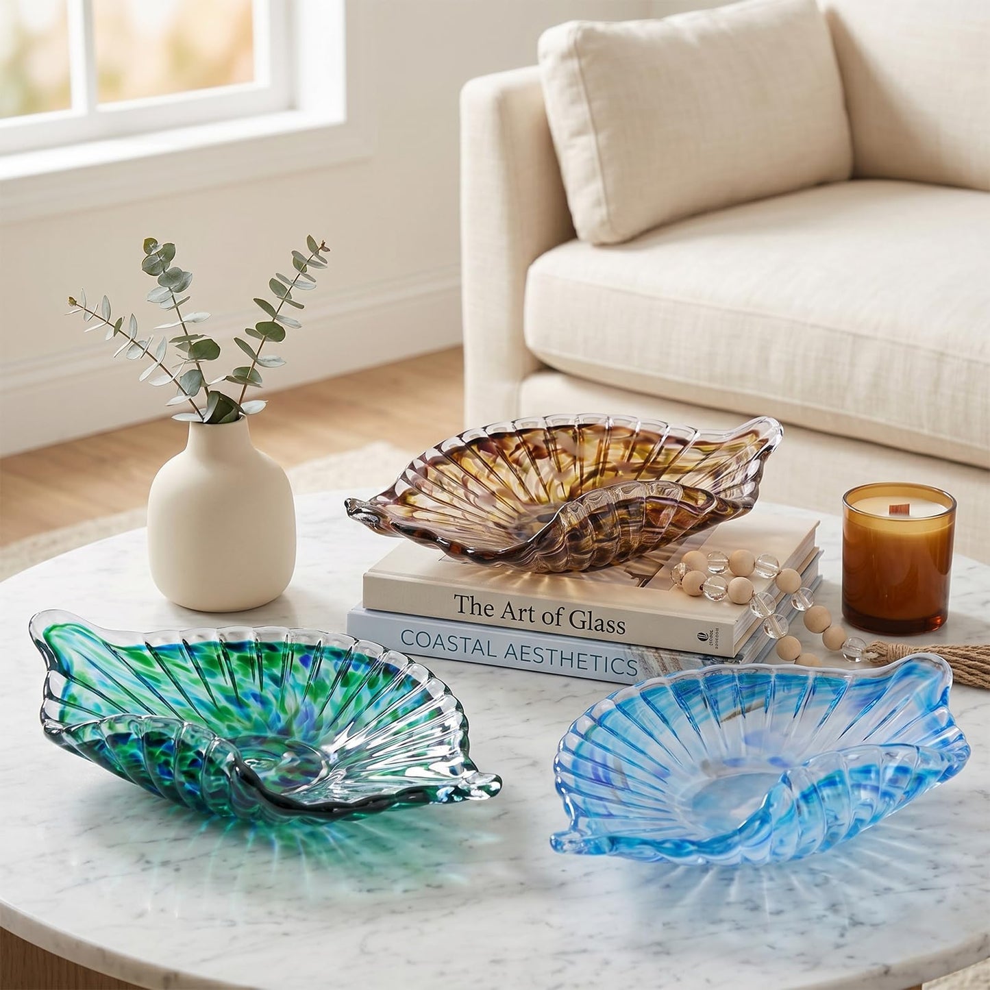 LCCCK Large Hand Blown Glass Seashell Bowl, Pretty Leaf Display Candy Dish, Coastal Decorative Bowls for Home Decor, Unique Blown Glass Art for Kitchen Counter Fruit ou Office Candy Dish