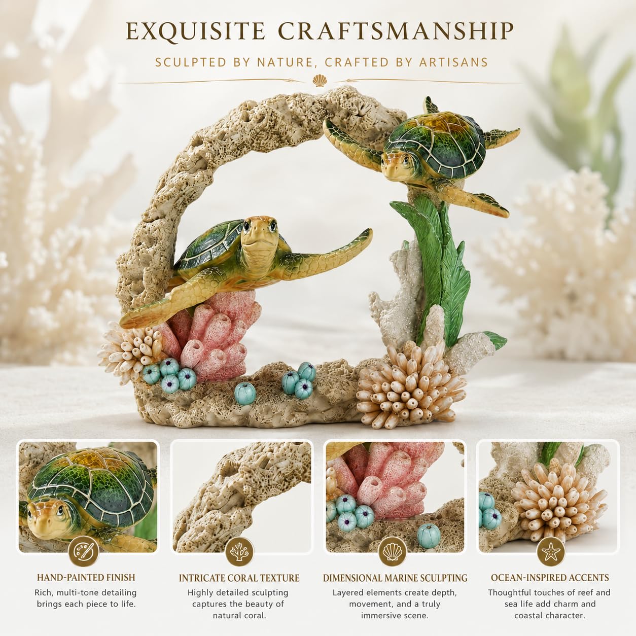 Comfy Hour 9" Sea Turtle Figurine on Coral Reef, Decorative Coastal Sculpture for Home Office Desktop, Artisan Crafted Marine Animal Statue, Ocean Voyage Collection, 1 Unit