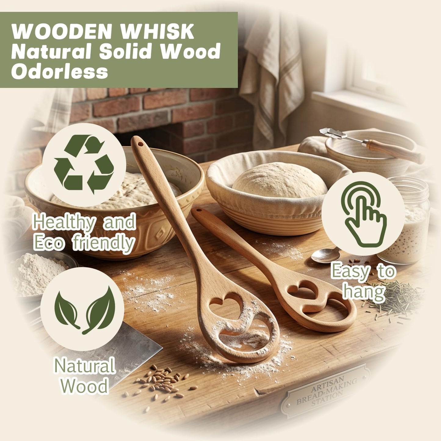 2 Pcs 12.8" Heart Wooden Danish Dough Whisk 2 Hole Sourdough Bread Mixing Supplies Personalized Dutch Whisk for Pizza Pastry Cake Egg Batter Baking, Flow-Through Design a gift for baking enthusiasts