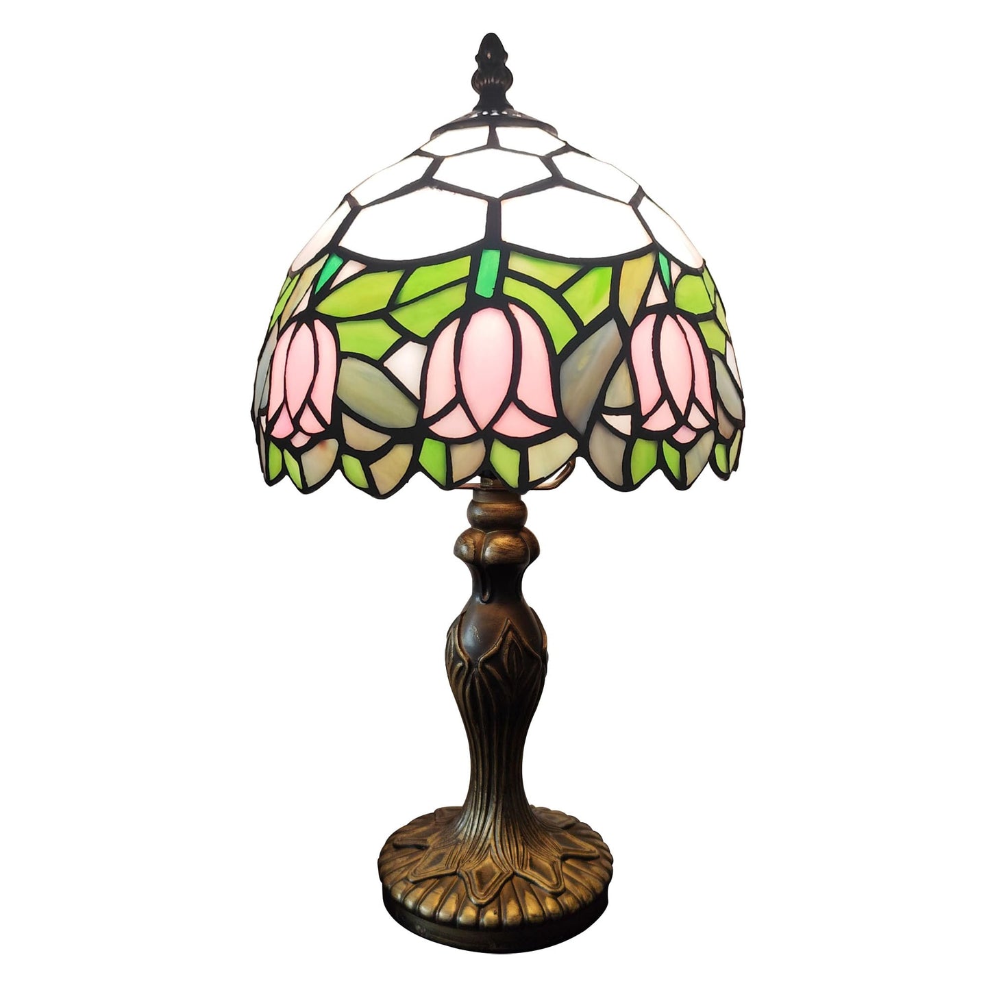 XPHMXP Tiffany Table Lamp Small Stained Glass Desk Lamp Vintage Bedside Lamp Included 3 Way LED Bulb for Home Living Room Nightstand Bedroom Office (Pink Tulip)