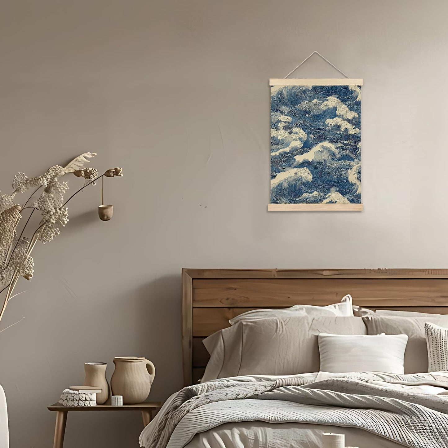 Nipil Blue and White Wave Japandi Poster Hanger Frame, Japanese Room Decor, Abstract Japanese Wabi Sabi Ocean Waves Coastal Beach Hanging Canvas Framed Wall Art Decor for Home, 12x16 Inch