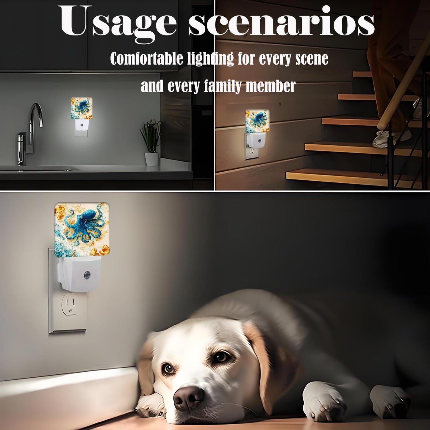 FSHVQKD Octopus on Beach Night Light,Plug-in Night Lights with Dusk-to-Dawn Sensor for Stairway,Hallway,Bedroom Sleep Friendly Ideal for Women/Girls/Boys Gift,0.5w