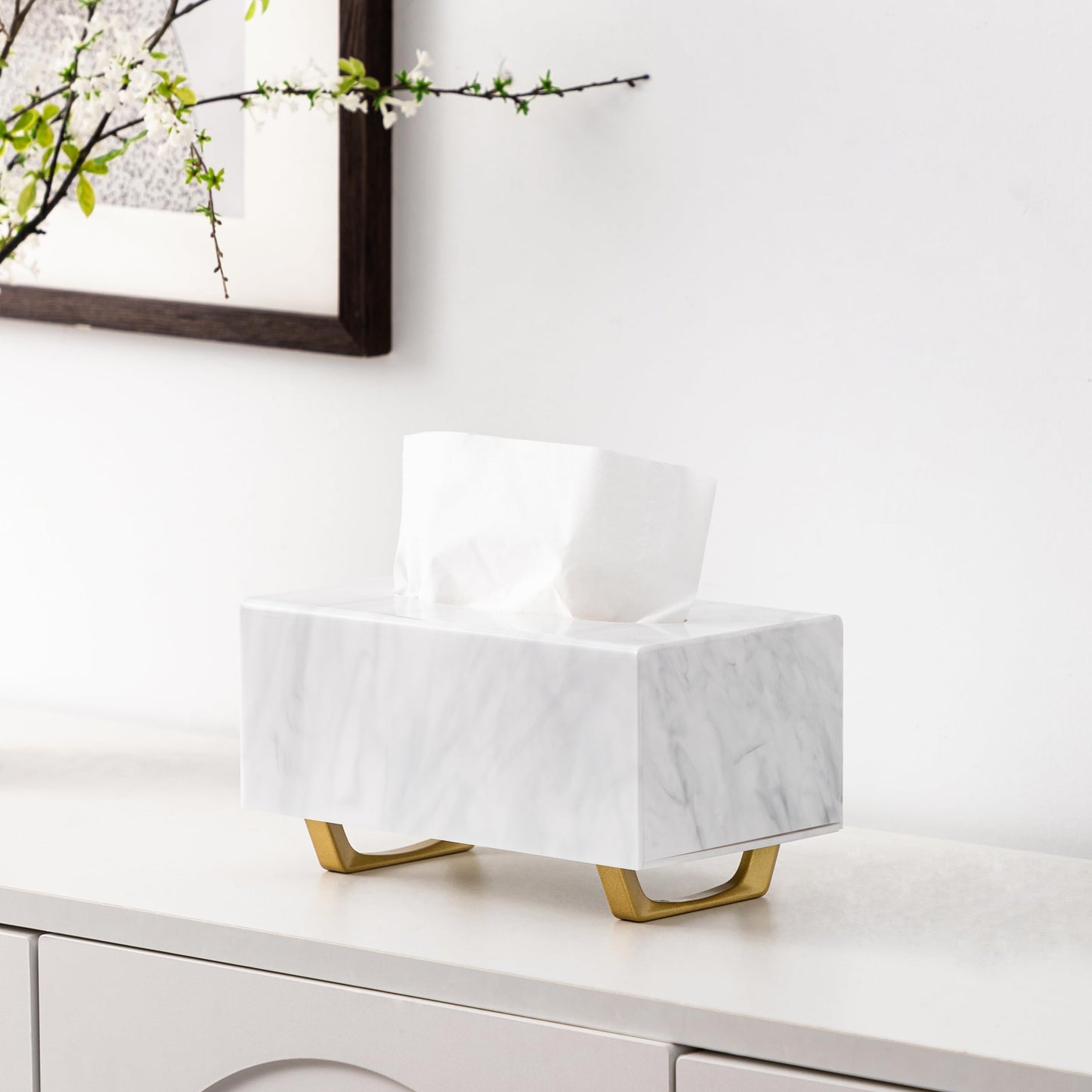 HBlife Tissue Box Cover Rectangle Acrylic Tissue Box Holder with Gold Plated Legs Napkin Dispenser Dryer Sheet Container for Bathroom, Marble White