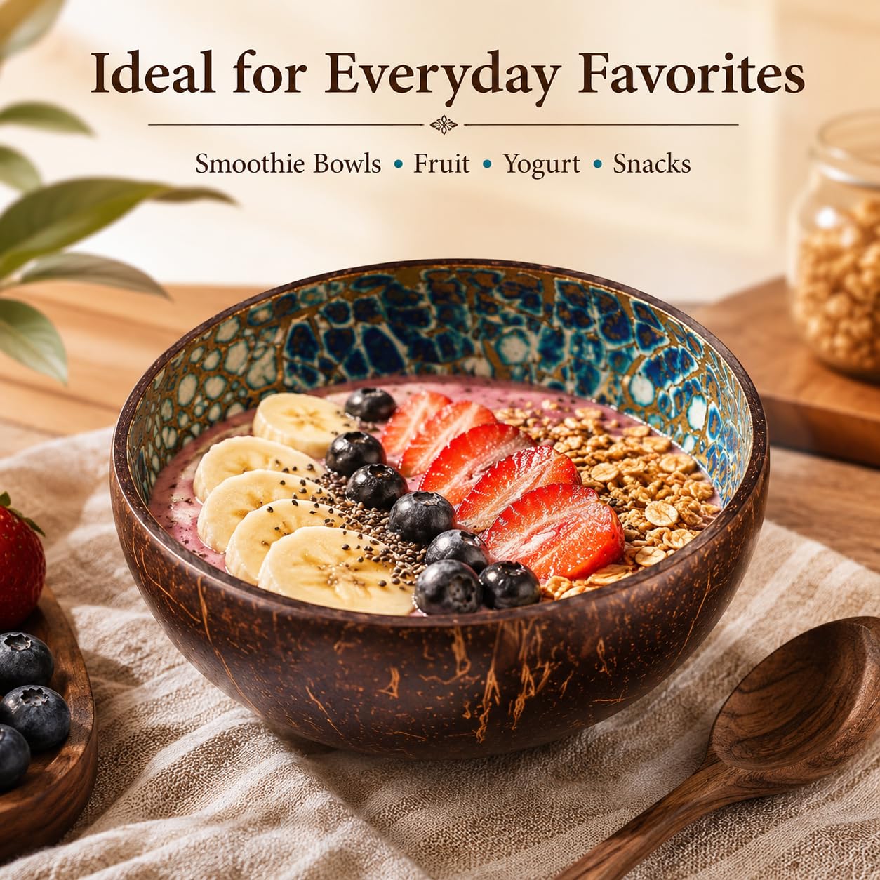ChezMax Natural Coconut Bowl with Mother of Pearl Inlays - Key Bowl & Fruit Snack Holder (Blue-Gold)