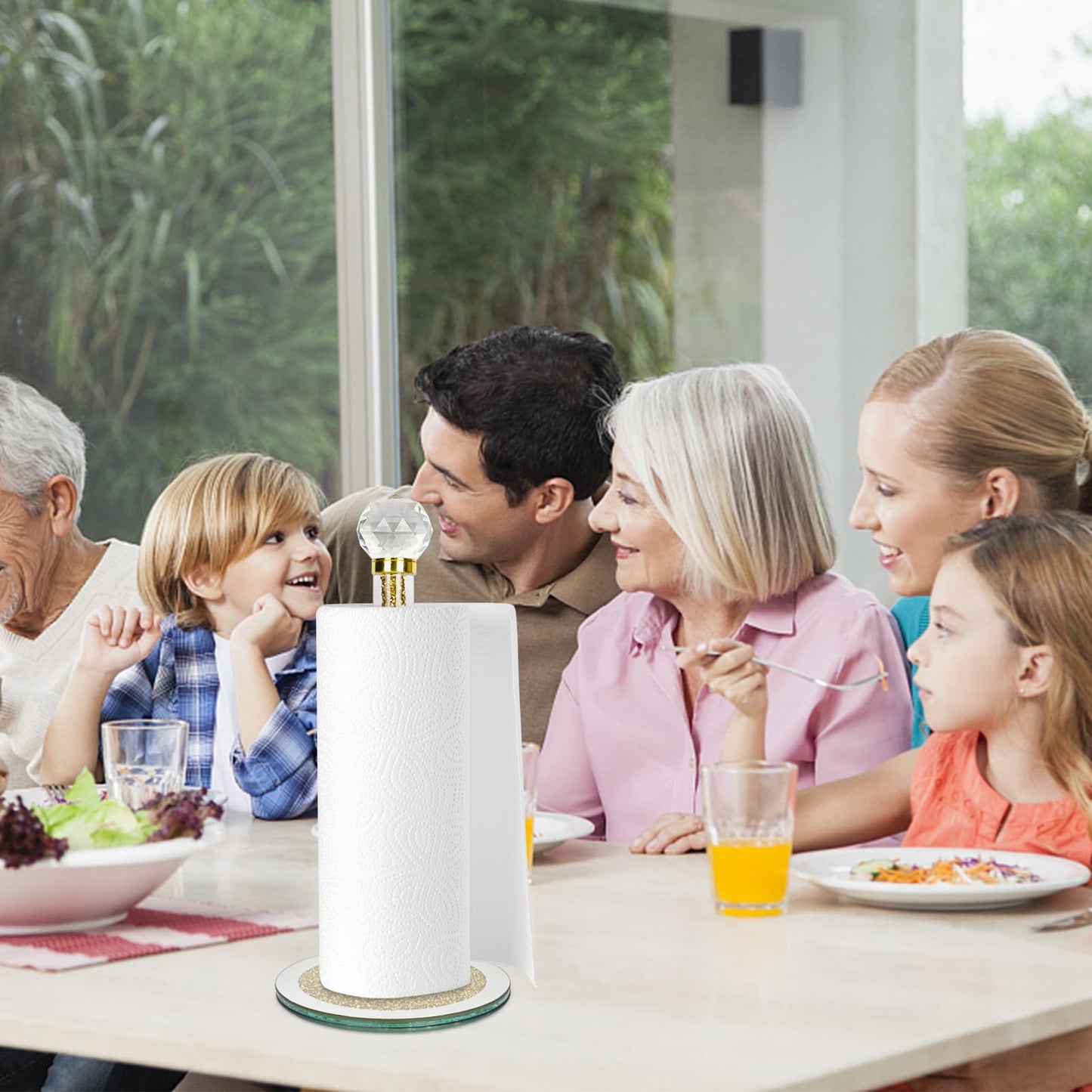 Decorative Paper Towel Holder, Gold Crystal Paper Towel Dispenser, Crushed Diamond Home Decor Toilet Roll Holder Stand with Heavy Base, Freestanding Paper Holder for Kitchen, Bathroom (Round/Gold)