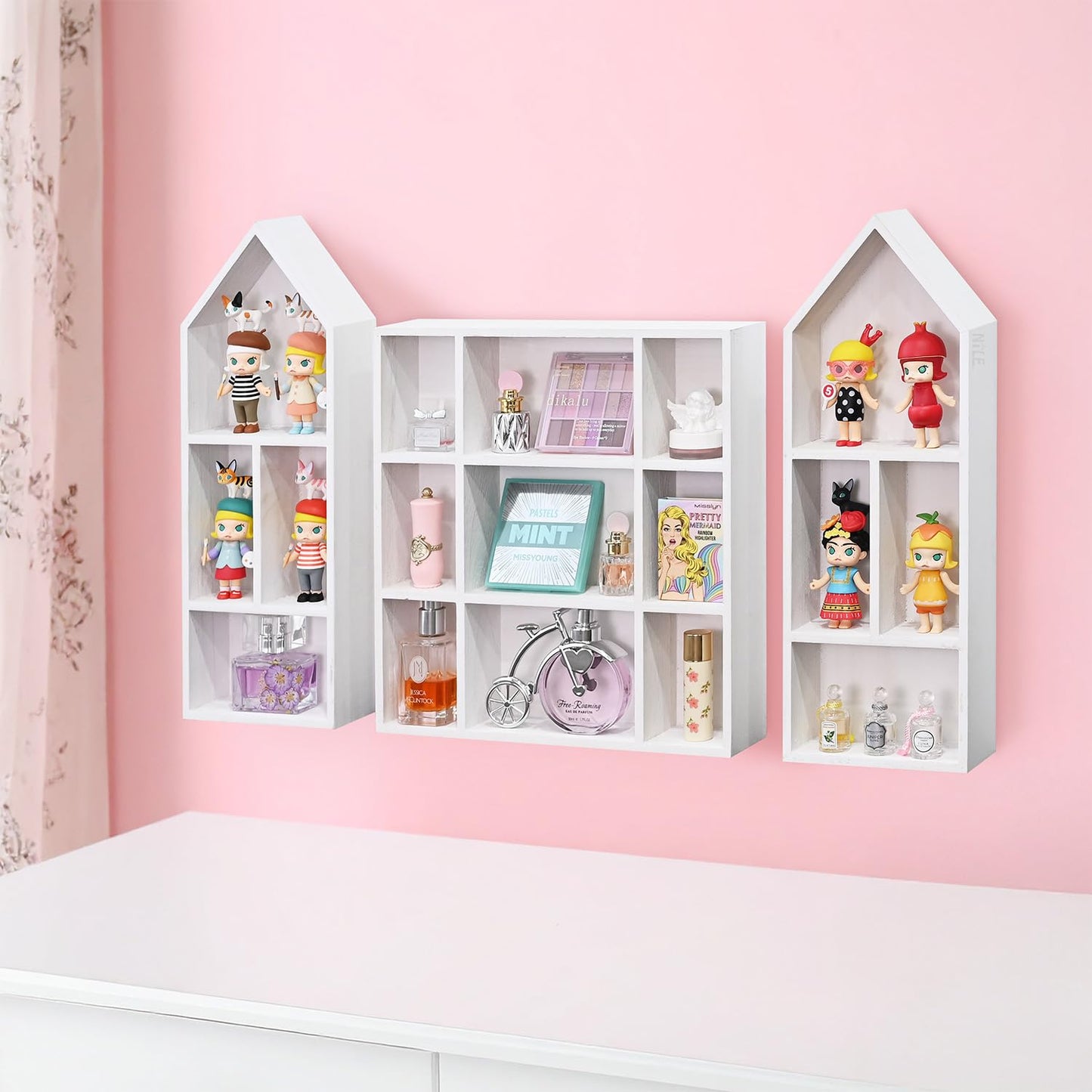 Ikee Design 3 Pcs Set Wooden Shadow Cubby Box Display Shelf Organizer Storage Shadow Box for Collectibles, Mini Figures, 17 compartments, White Color, 22.8W x 2.4D x 15.7H in
