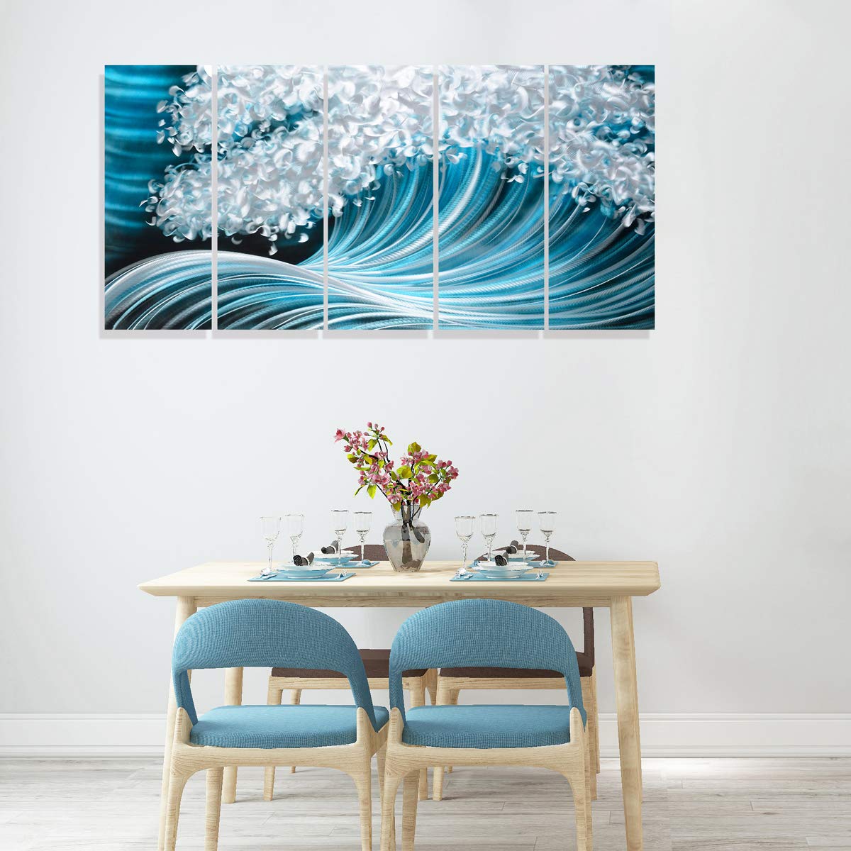 RICHSPACE ARTS Metal Wave Wall Art Large Horizontal Paintings Contemporary Blue Accents Home Decor Coastal Nautical Ocean Artwork on Aluminum for Office Living Room Bedroom Home Walls
