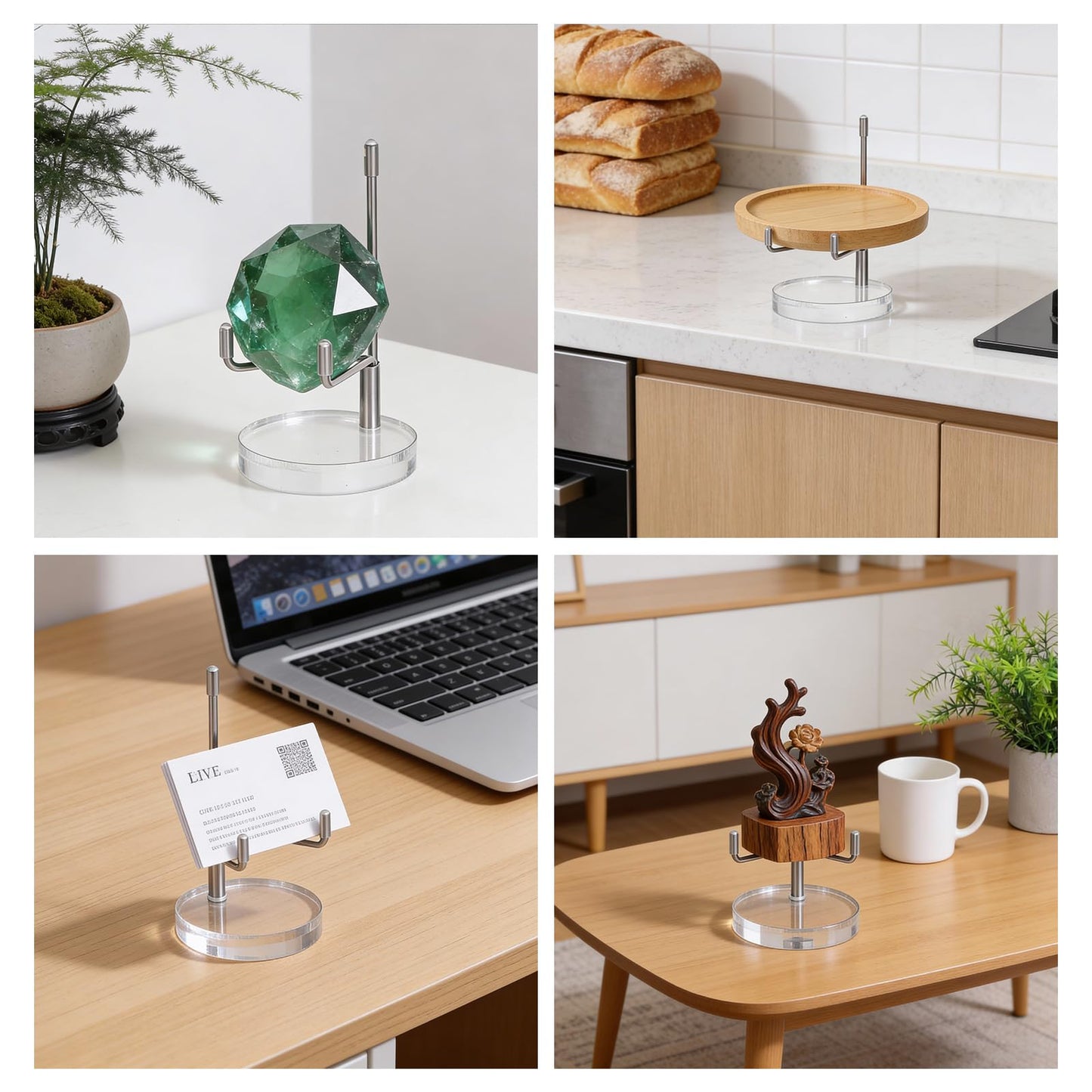 Douaowoc 8 Pcs Adjustable Metal Arm Display Stand Easel with Acrylic Base Rock Display Easel Holder Acrylic Crystal Clear Plate Stand for Geodes Mineral Agate, Silver