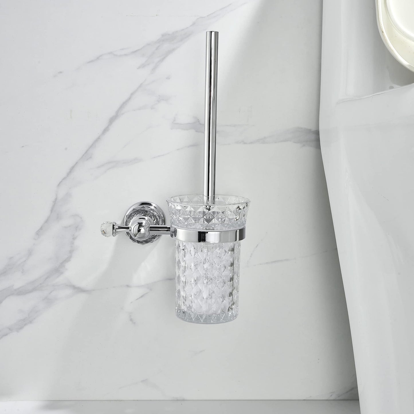 WOLIBEER Crystal Toilet Brush Holder, Chrome Toilet Cup Set with Polished Silver Brush Handle Wall Mounted for Bathroom - Decorative Design,Space Saving.