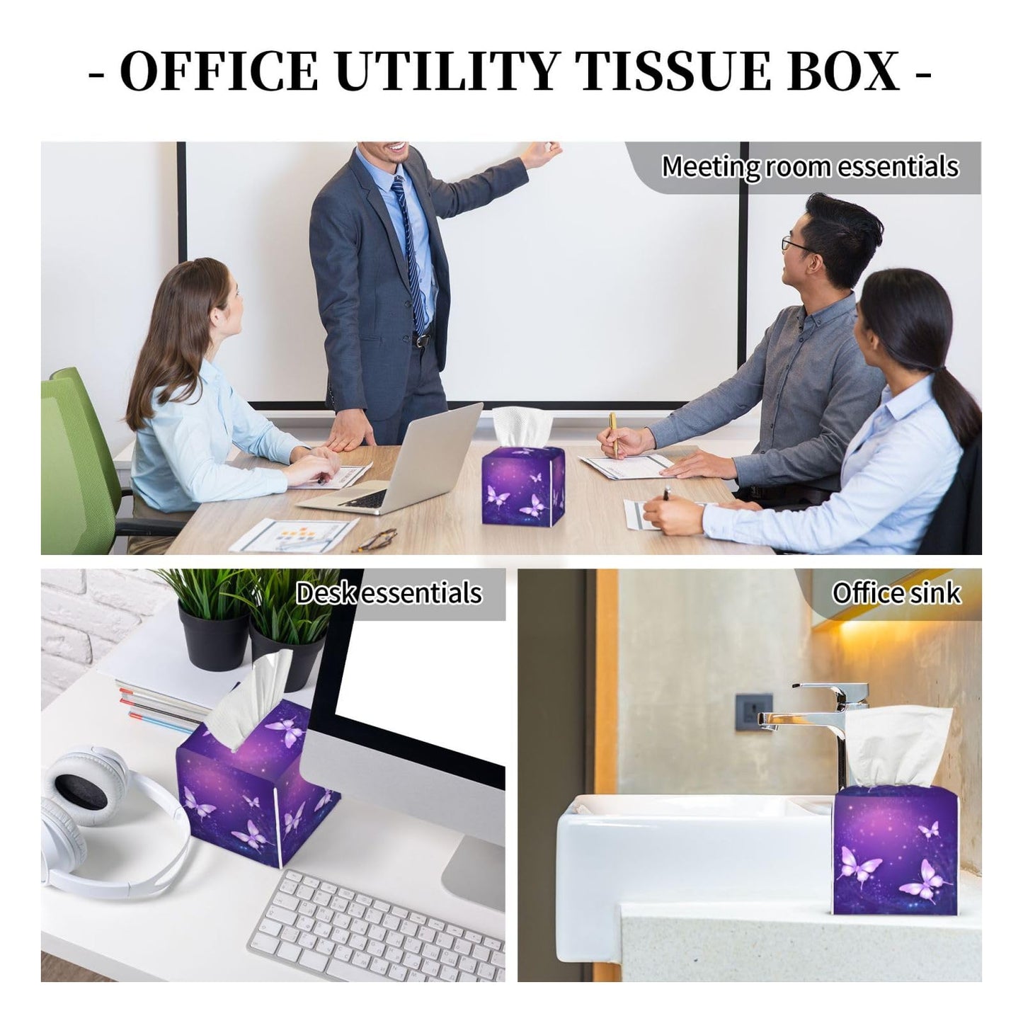Square Tissue Boxes(5.2"x5.2"x5.2"), Firework Star Purple Butterfly Tissue Holder Decor for Vanity Countertop/Home/Car/Office