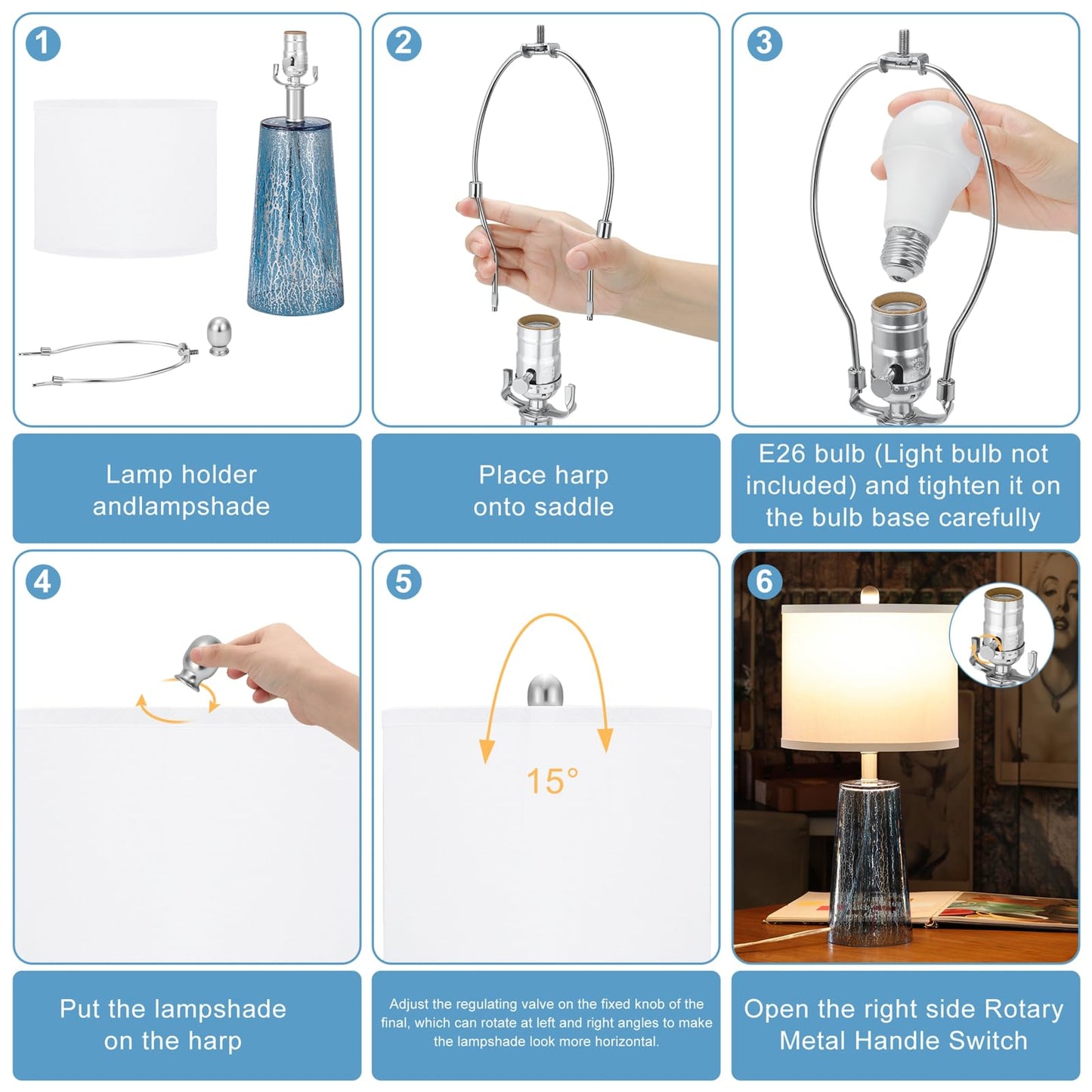 TPAMSWO Modern Coastal Table Lamps 23” High Blue Silver Hand-Applied Mercury Tapered Column Glass Bedside Lamps, for Bedroom Living Room Home Nightstand Table Lamp (Pattern May Vary Slightly)