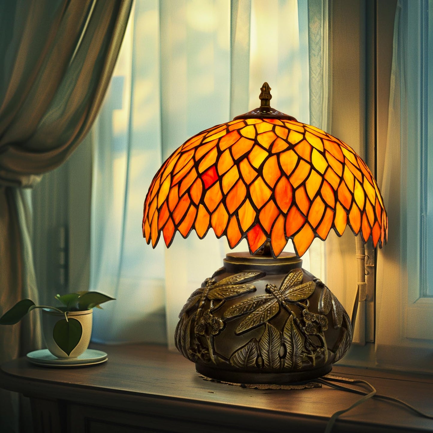 Ppbmocw Tiffany Table Lamp Orange Wisteria Style Stained Glass Lamp for Bedside,Bedroom,Living Room,12 Inch Small Vintage Mushroom Desk Lights Included E26 LED with Remote Control(Autumn Leaves)