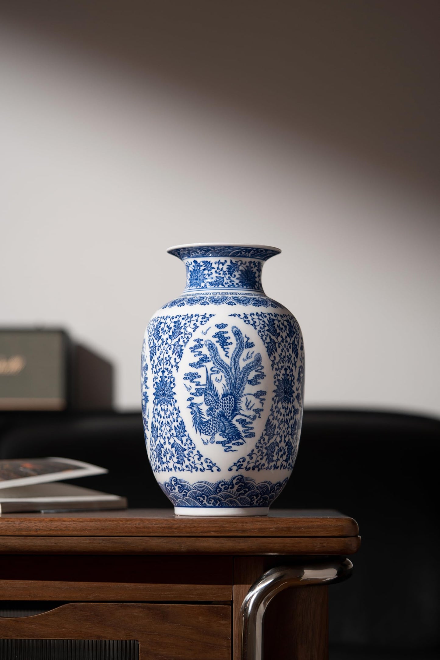 Blue and White Vase, Large Chinoiserie Vase Porcelain, Ginger Jar, Mantel Decor for Living Room & Home,11" H