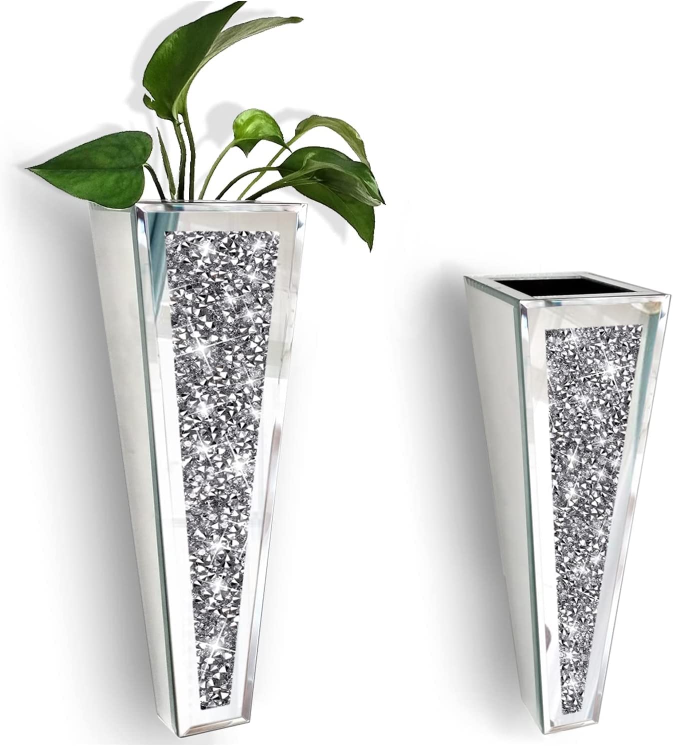 Crystal Wall Vase Hanging Flower-vase - Silver Crushed Diamond Mirrored Container Flower Vase Home Decor for Living Room, Dining Room, Bedroom, Set of 2 (11.2 Inch High) Wittolins