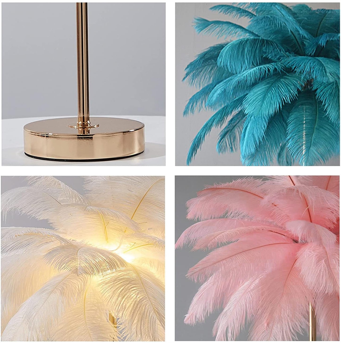 LINCWONZ White Ostrich Feather Lamp,3-Color Temperatures Table Lamps for Girls Bedroom Funky Unique Cute Bed Side Nightstand Gold Desk Light (Blue-Green)