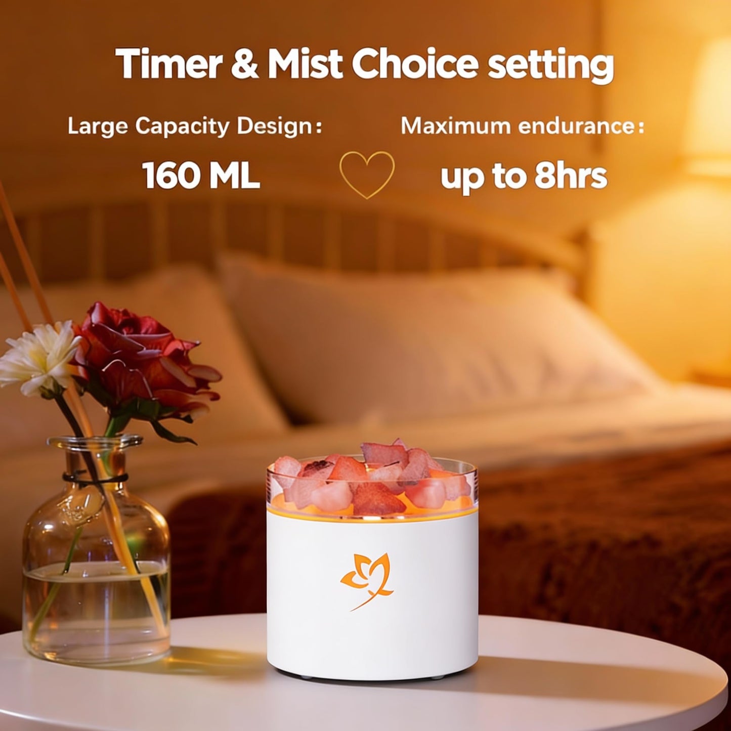 4-in-1 Ultrasonic Crystal Salt Stone Aromatherapy Diffuser & Humidifier - 7-Color LED Dreamy Flame Light, Auto Shut-Off, 2 Modes | Home/Office/Yoga (White)