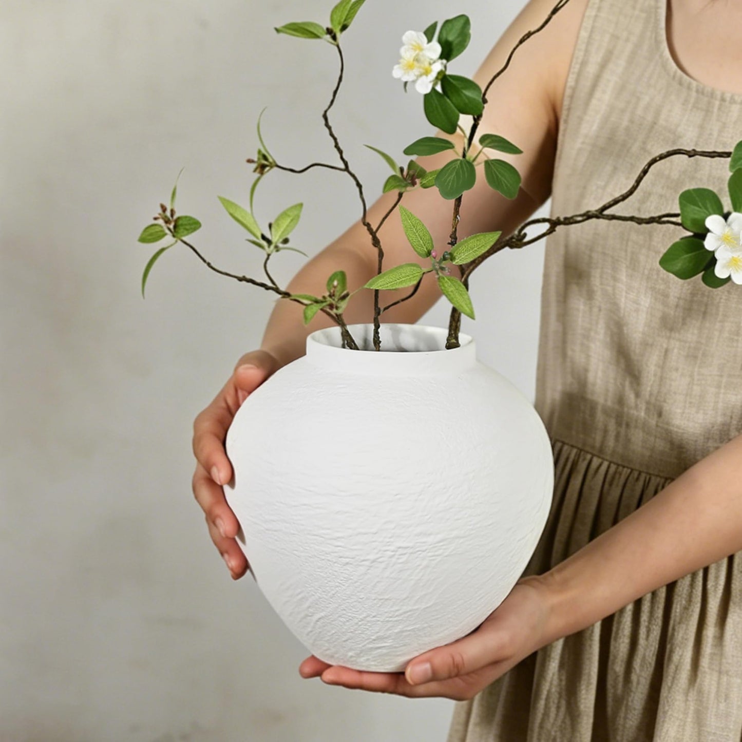Stone Textured Ceramic Vase, Wabi‑Sabi Minimalist White Flower Vase, Rustic Decorative Centerpiece for Farmhouse, Living Room, Shelf, Dining Table Home Decor