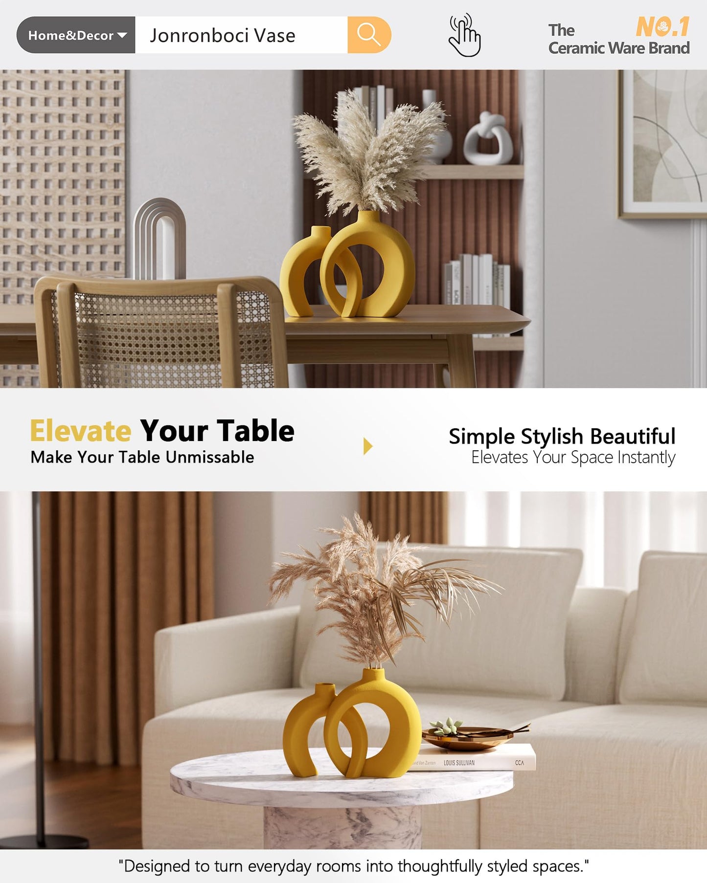 Set of 2 Yellow Ceramic Vases for Home Decor Accents - Unique Hollow Donut Artistic Design Mid-Century Modern Eclectic Style Decorative Vases for Shelf, Mantel, Entryway Table Decor (Matte Yellow)