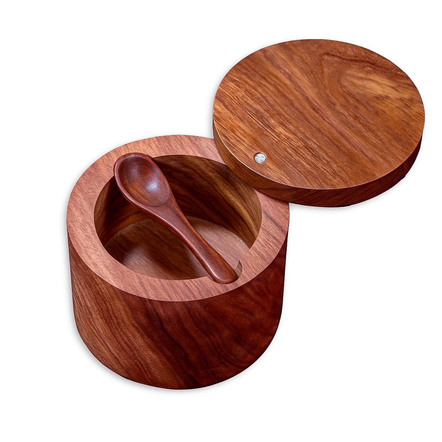 Wooden Salt Cellar with Magnetic Swivel Lid & Built-in Spoon, Salt Box for Kitchen Countertop, Premium Rosewood Salt Keeper for Sea Salt, Pepper & Spices (4.5 oz)