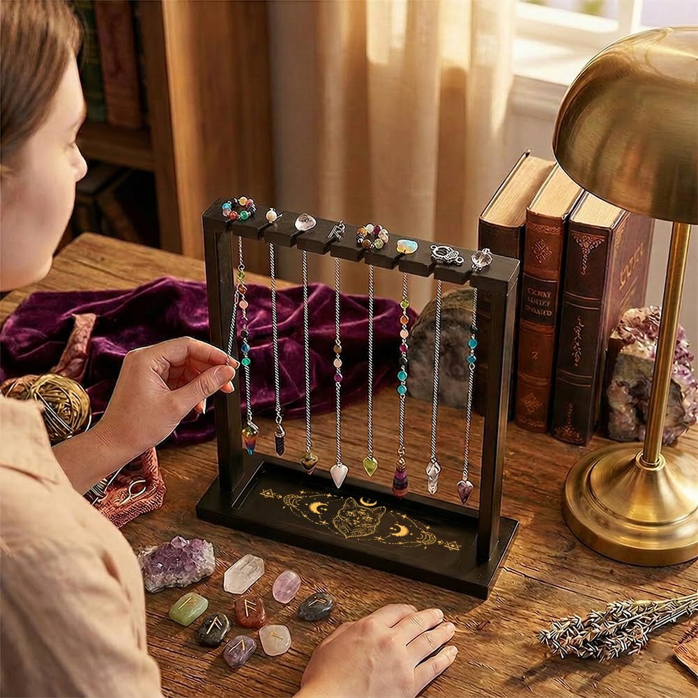 BEUNITONE Pendulum Crystal Holder, Cat Design Wooden Crystal & Jewelry Display Stand Divination Pendulum Storage Rack Tabletop Organiser for Necklaces, Stones and Home Decor