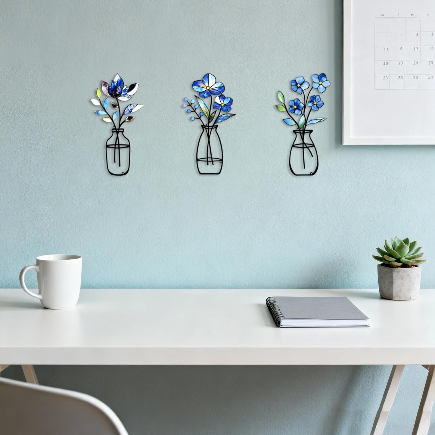 KIROYAL 3 Pcs Metal Vase Wall Arts,Iron Art Painting,Rustic Farmhouse Decor Minimalist Flower Wall Decor for Bedroom Bathroom Living Room Dining Room(Blue, Vase-D)