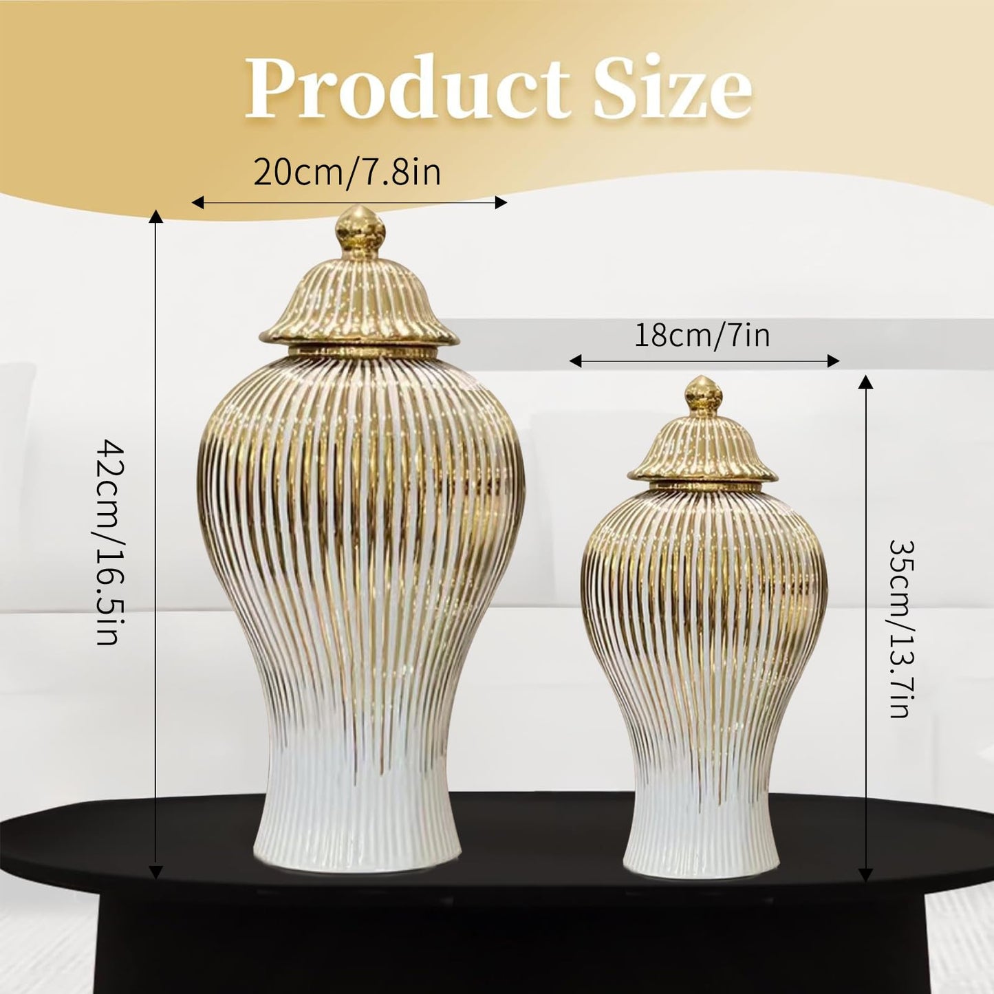 Ginger Jar, White Gold Ceramic Vase Large Handmade Porcelain Vases with Lid, White Gold Decorative Flower Vase for Home, Living Room, Weddings, Centerpieces (B-Large)