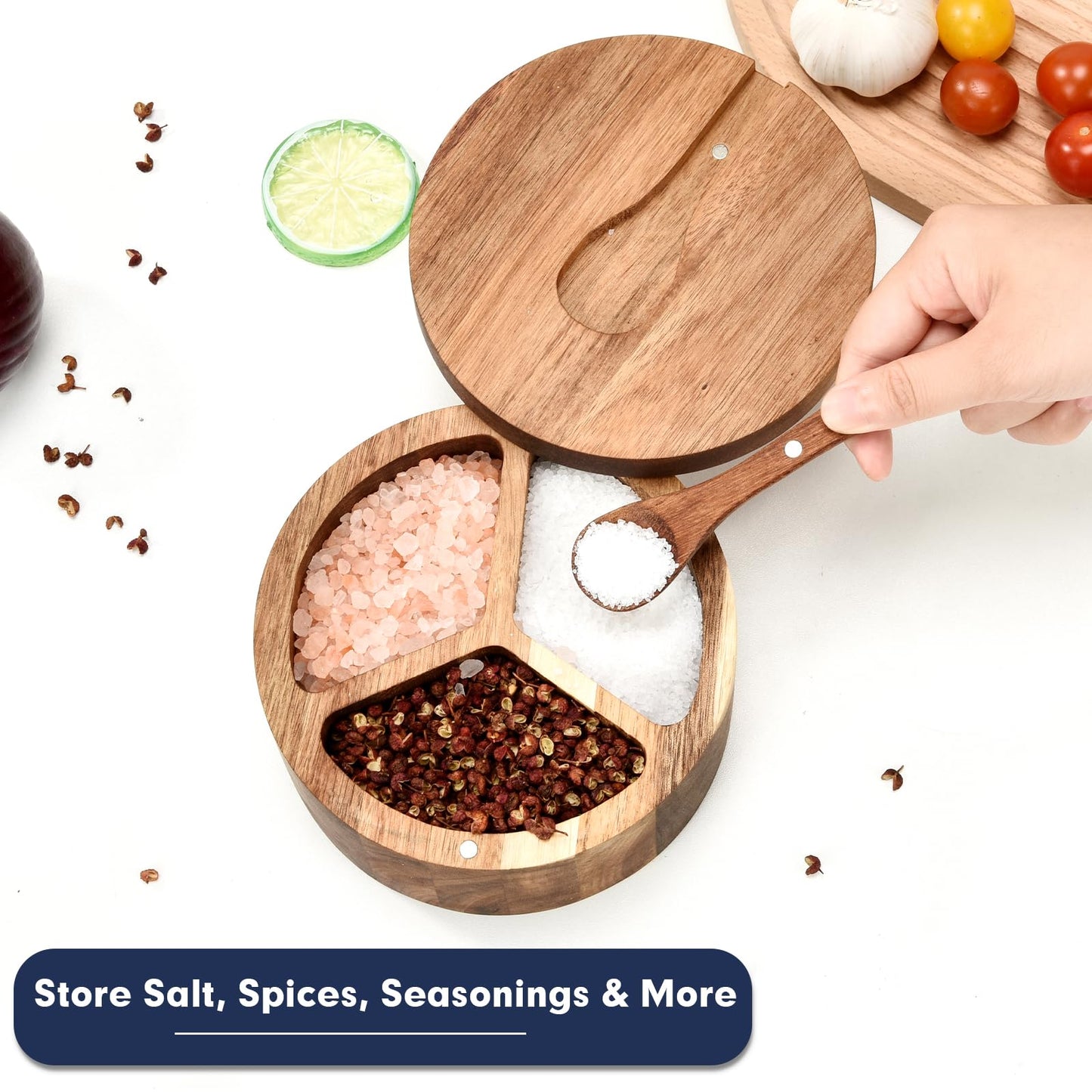 JUSTEMI Wood Salt and Pepper Box, 3 Compartment Salt and Pepper Cellar With Lid and Spoon,Spice Condiment Container for Kitchen Countertop