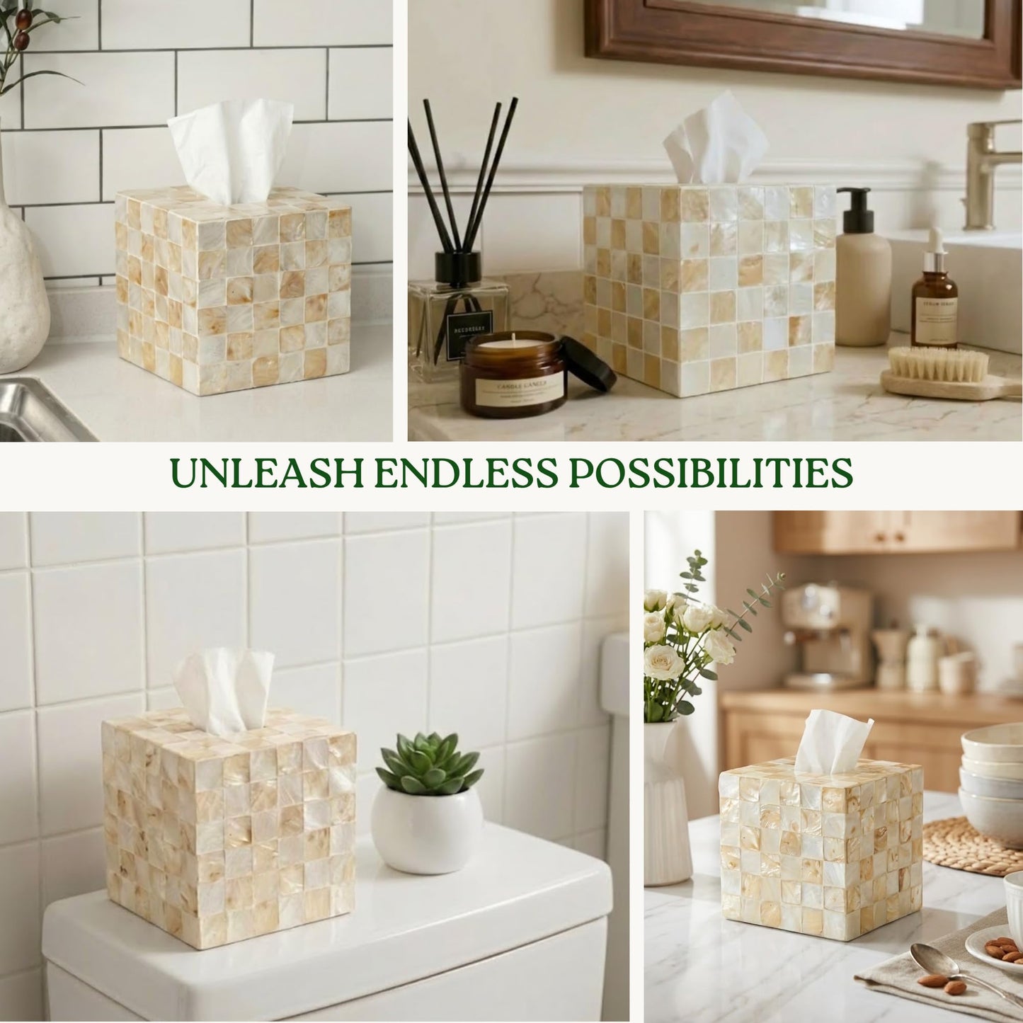 CHI AN HOME 5.5β Square Tissue Box Cover, Capiz Shells Cube Tissue Box Holder with Bottom Slider, Checkered Tissue Box Cover Mother of Pearl Decorative Tissue Holder for Bathroom Vanity, Office, Ivory