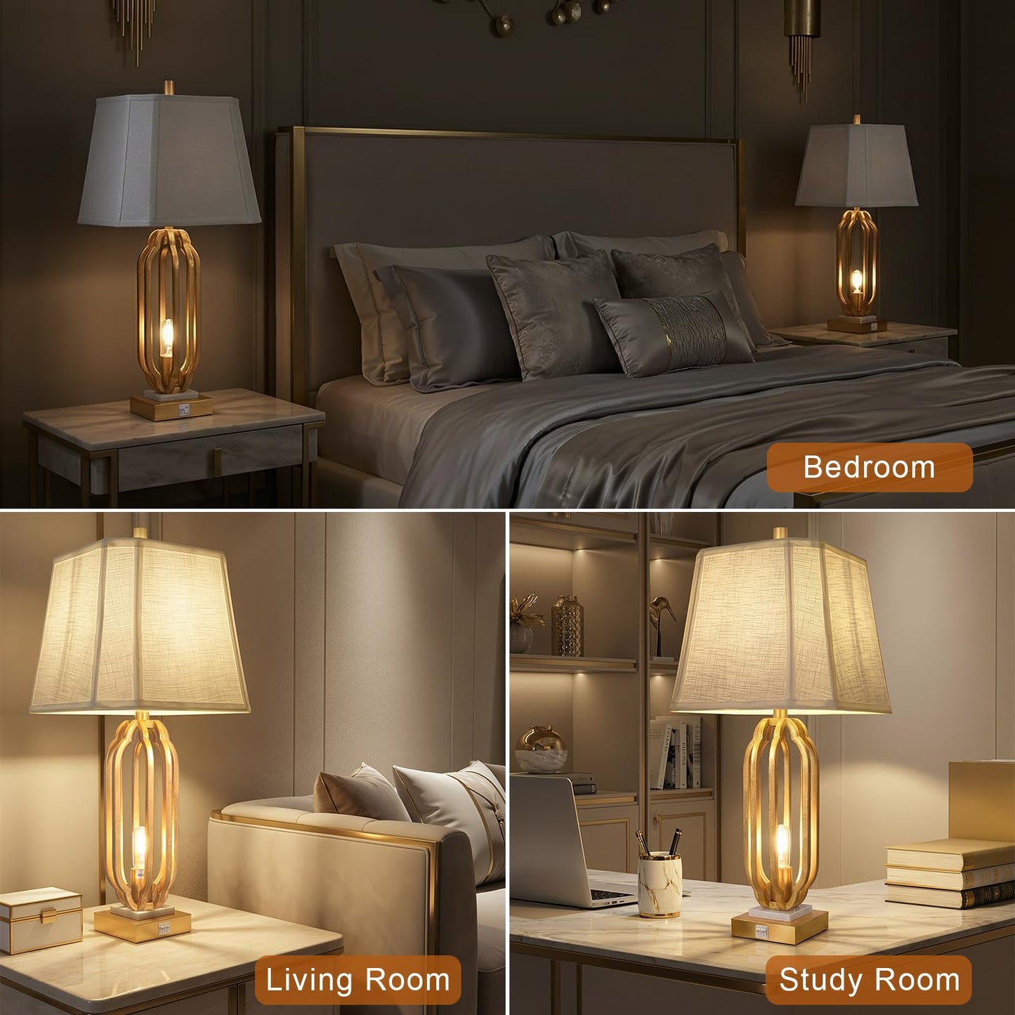 28" Iron Art Table Lamp Set of 2 for Living Room, Modern Gold Leaf Desk Lamps with Nightlight and 2 USB Charging Ports, Farmhouse Bedside Lamp for Bedroom Nightstand, 3 Way Dimmable Bulb Included