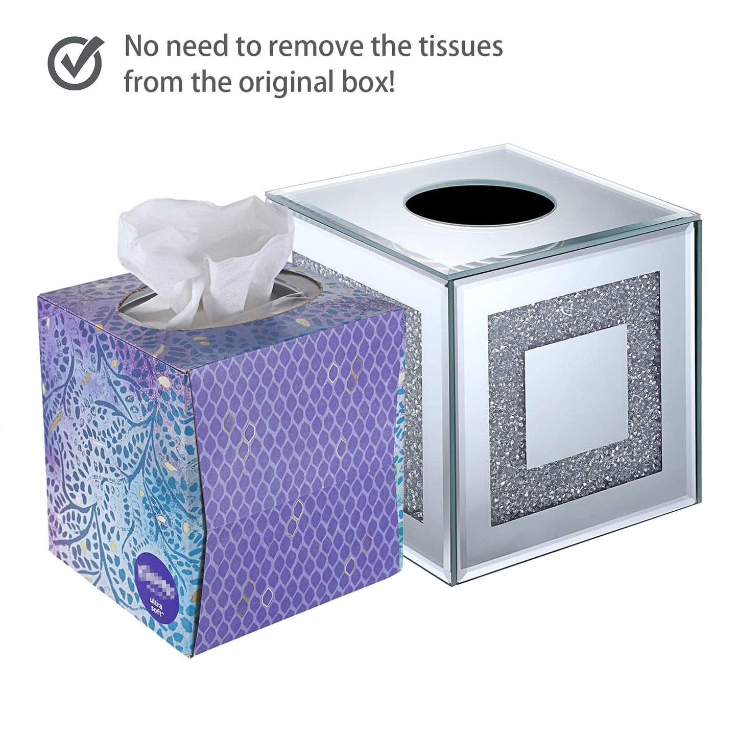 Sumnacon Crystal Square Tissue Box Cover - Sparkly Glass Cube Tissue Box Holder, Decorative Facial Tissue Holder for Bathroom Vanity Dresser Night Stand Table Countertop Office Home Decor, Silver