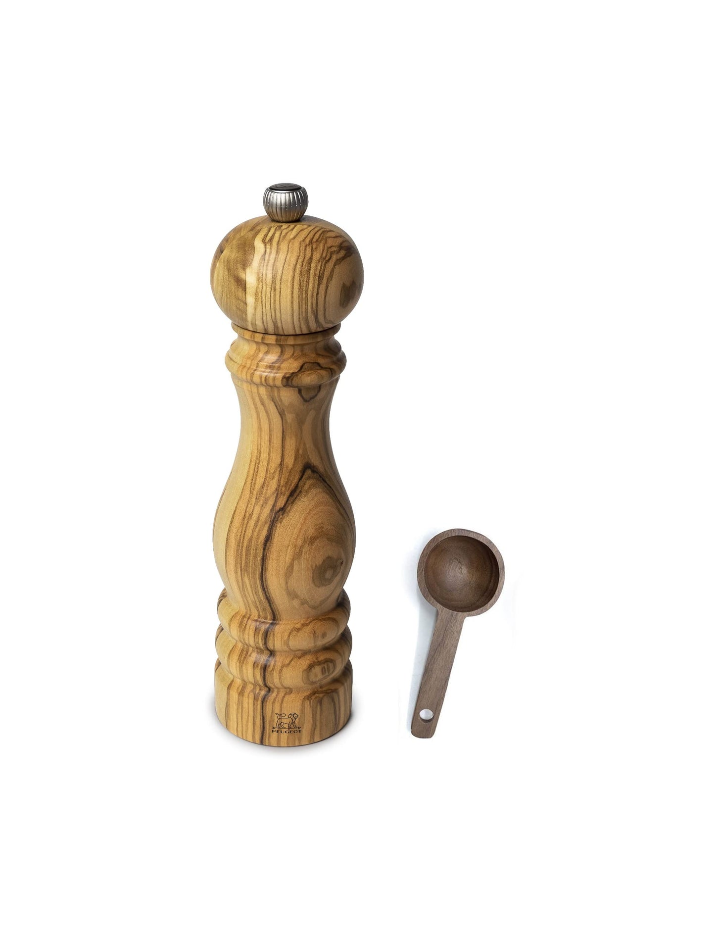 Peugeot Paris Olivier Pepper Mill Gift Set Olive Wood - With Wooden Scoop (9 -Inch, Pepper Mill w/Scoop)
