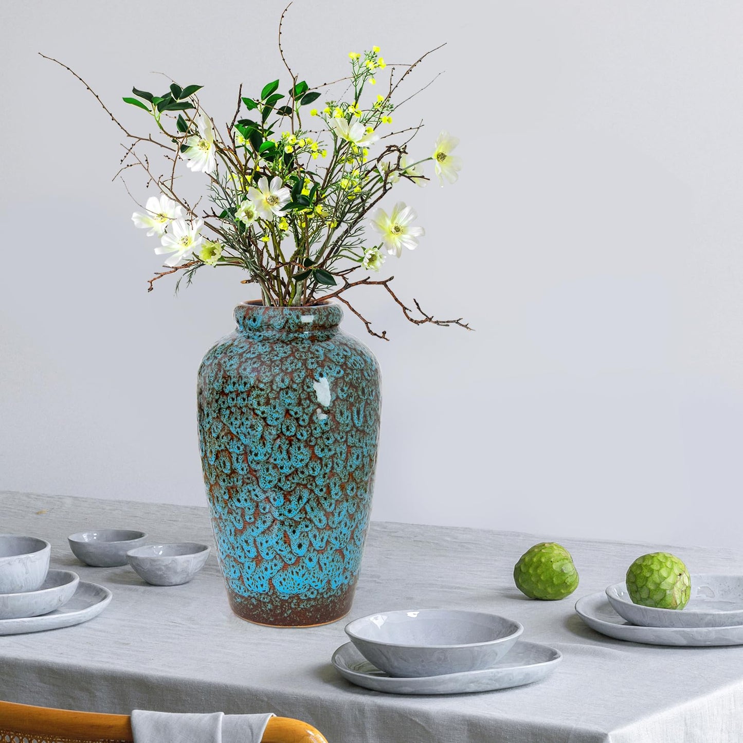 YINUOWEI Unique Ceramic Flower Vase, Modern Home Decor for Living Room, Tables, Shelves & Enterways,11Inch Tall Glaze Blue Vase Gift for Housewarming, Wedding, Birthday