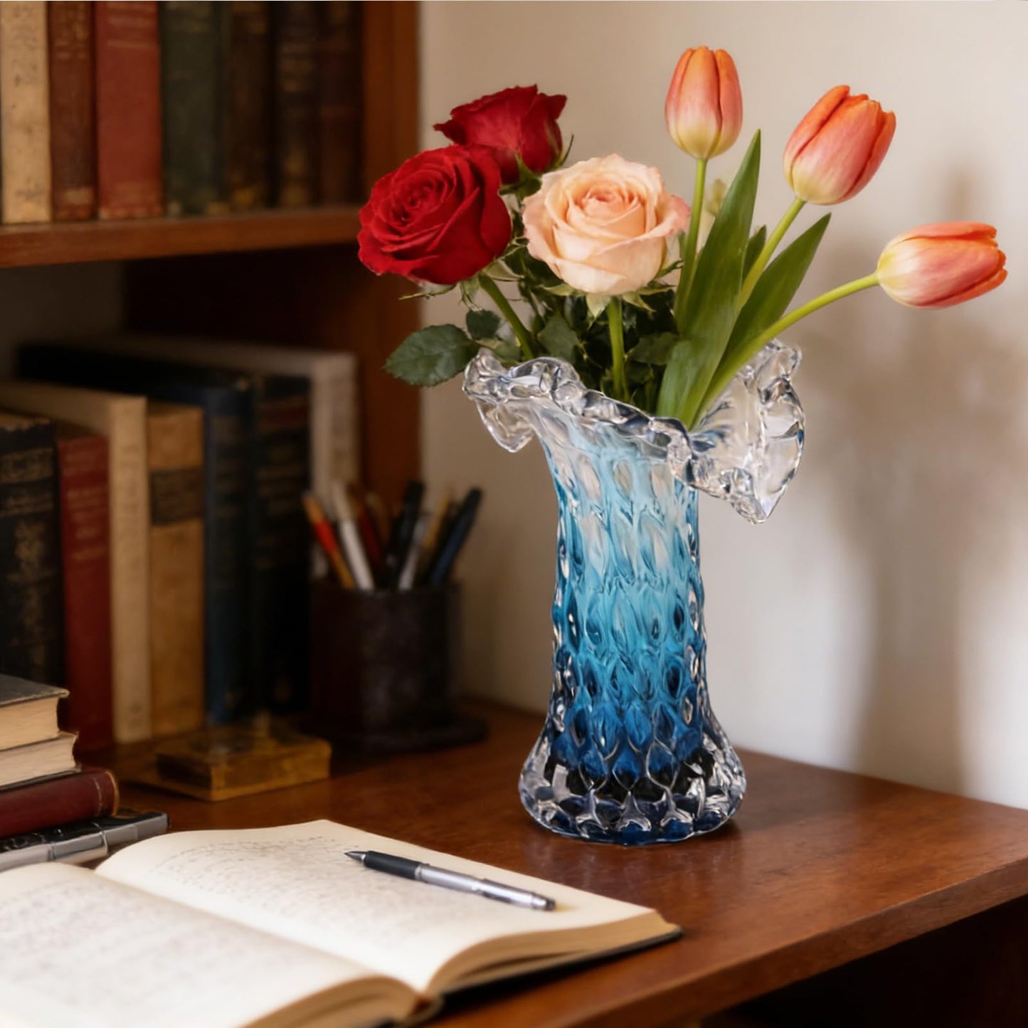Unique Waves Hand Blown Crystal Glass Vase - Blue Gradient Flower Vase for Home Decor& Living Room Table, Centerpieces & Gift
