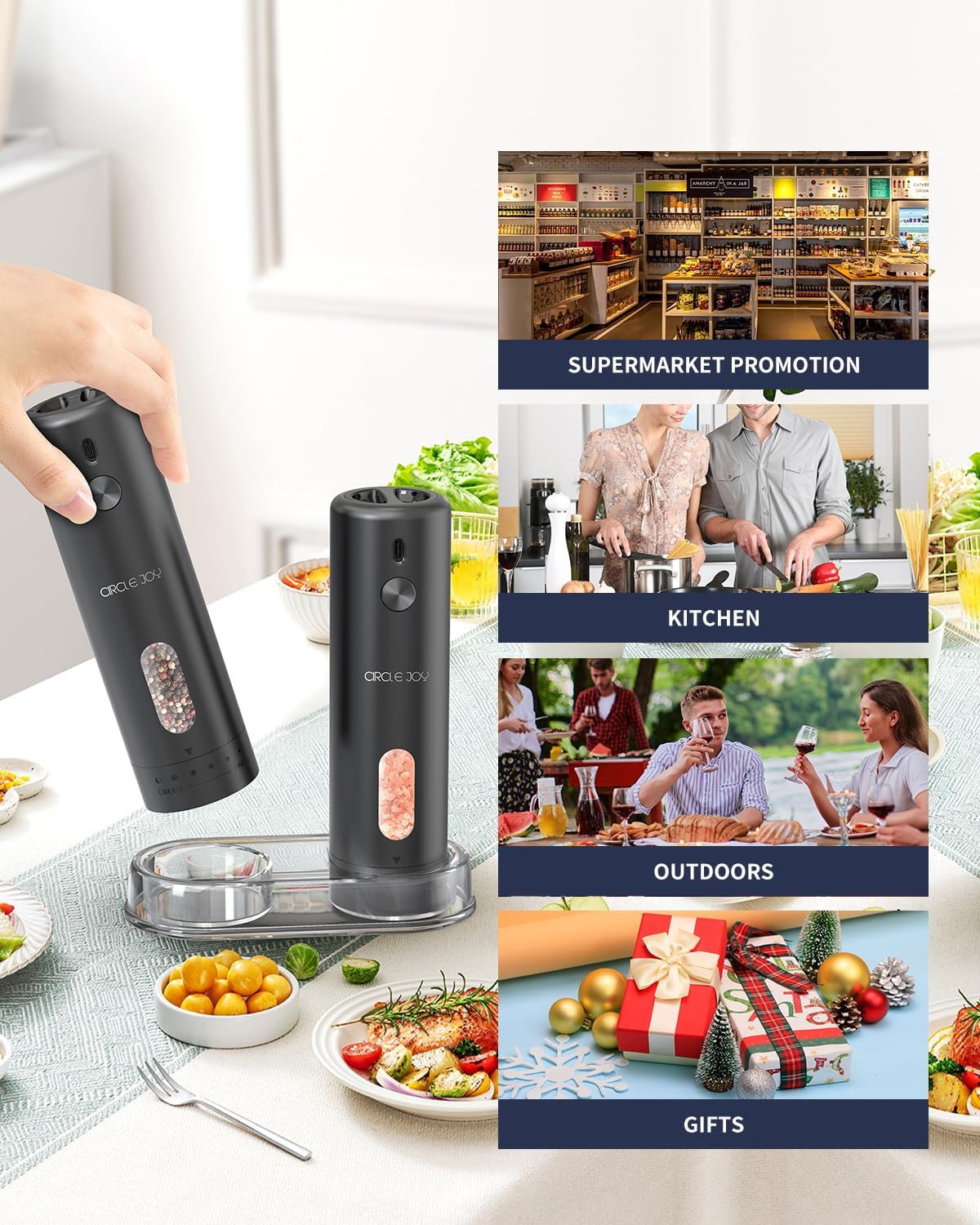 CIRCLE JOY Rechargeable Electric Salt and Pepper Grinder Set with Base, Automatic Pepper Mills with 110ml Container, External Adjustable Coarseness, White Led Light and One-Handed Operation, Black