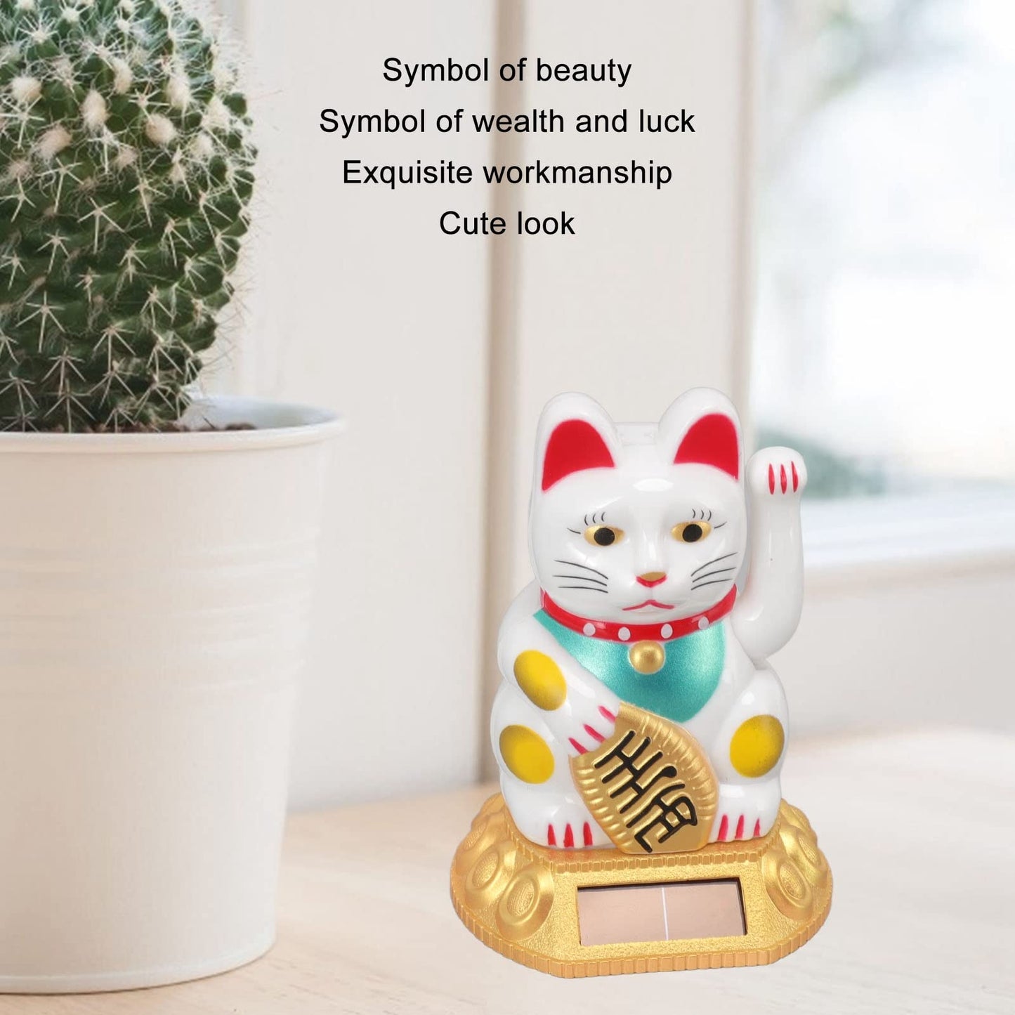 Tiiyee Chinese Lucky Cat, Waving Arm Maneki Neko Figurine Solar Powered Fortune Beckoning Cat Statue Decorations for Feng Shui Welcoming Home Car Business Openings Front Desk Ornaments (White)