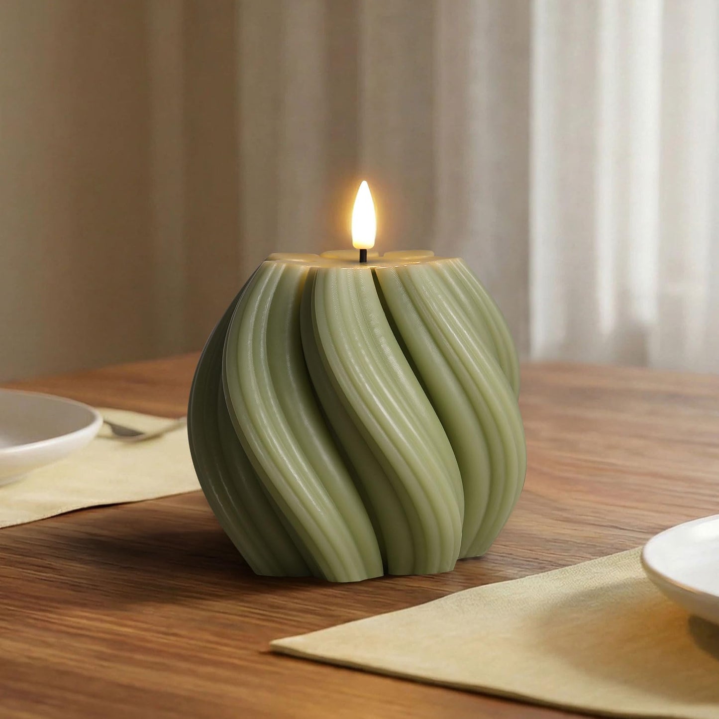 Girimax Sage Green Swirl Flameless Candles with Remote, Flickering LED Wax Candle Aesthetic Home Shelf Decor 1 Pack
