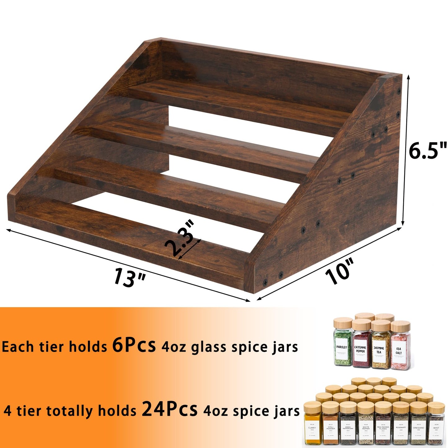 4 Step Spice Rack Organizer for Cabinet, Robust Wooden Display Riser Shelf Seasoning Organizer for Countertop Cupboard Pantry, Condiment Jar Kitchen Storage Holder Super Sturdy Stand, Rusitc Brown