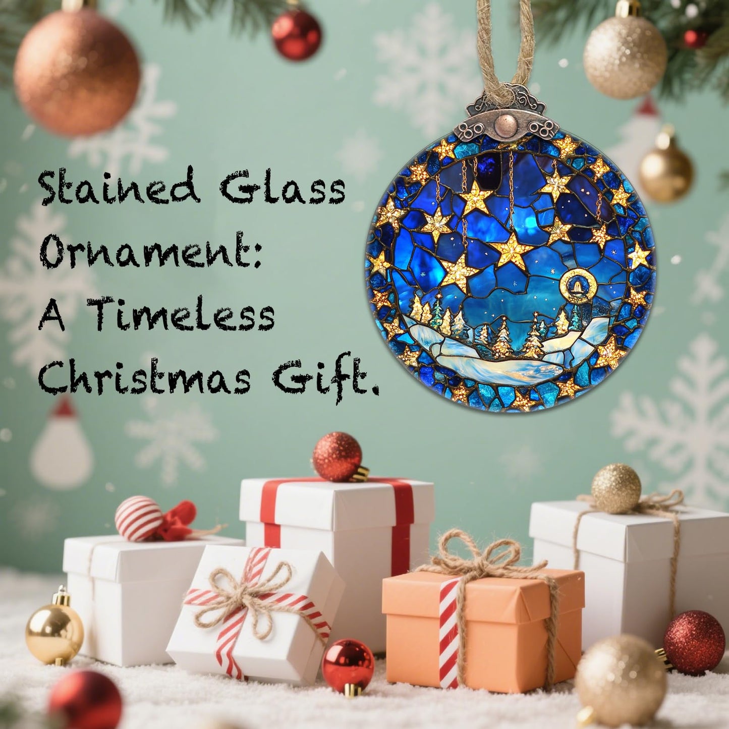 AMDERVEN Stained Glass Christmas Decorations, Blue Starry Winter Snow Scene Suncatcher for Window Christmas Tree Hanging Ornaments Star Sun Catcher Xmas Decor Gifts for Women Men Mom Nana Friend